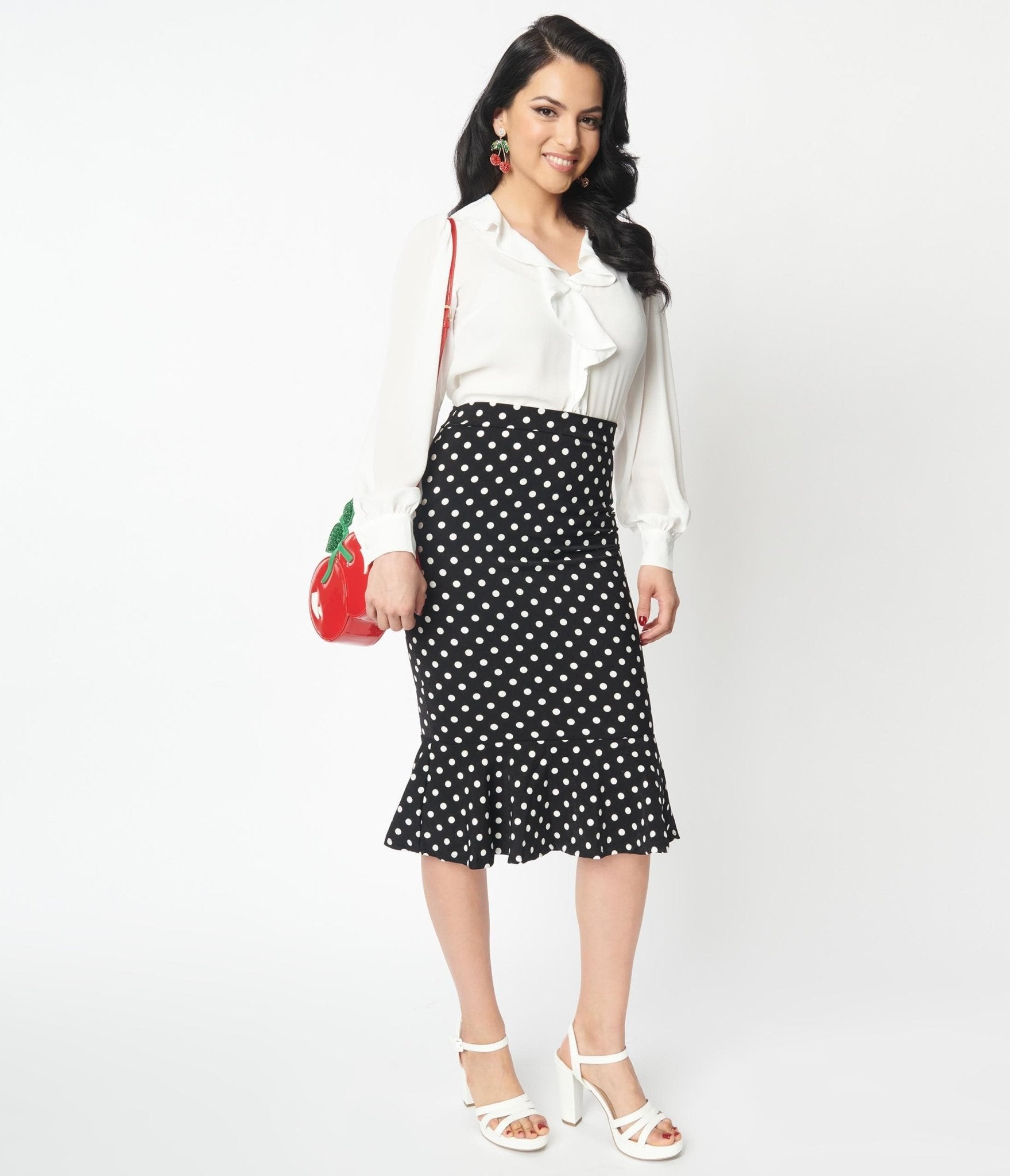 Black & White Polka Dot Ruffled Hem Pencil Skirt - Unique Vintage - Womens, BOTTOMS, SKIRTS