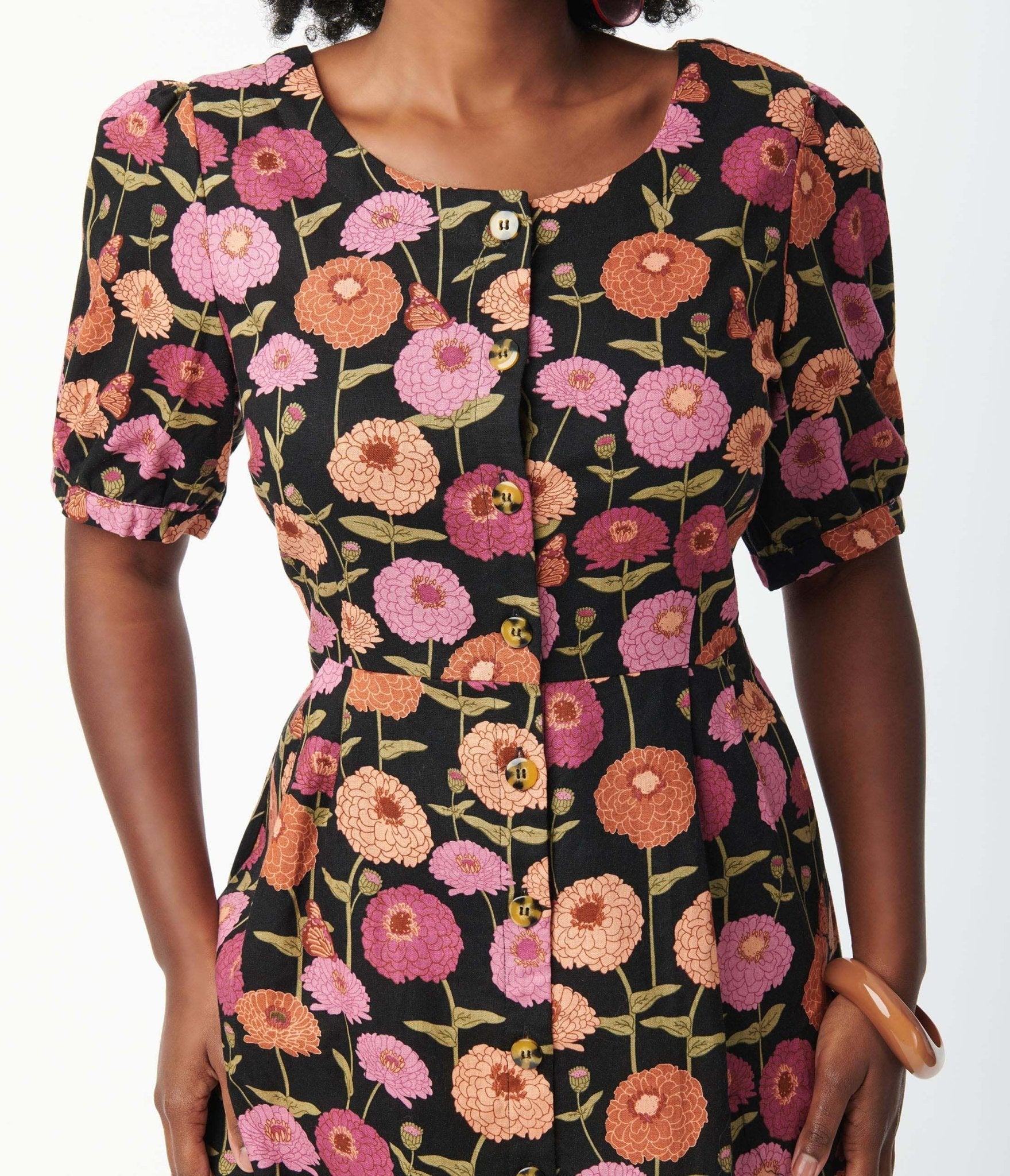 Black & Zinnia Floral Fit & Flare Dress - Unique Vintage - Womens, DRESSES, FIT AND FLARE