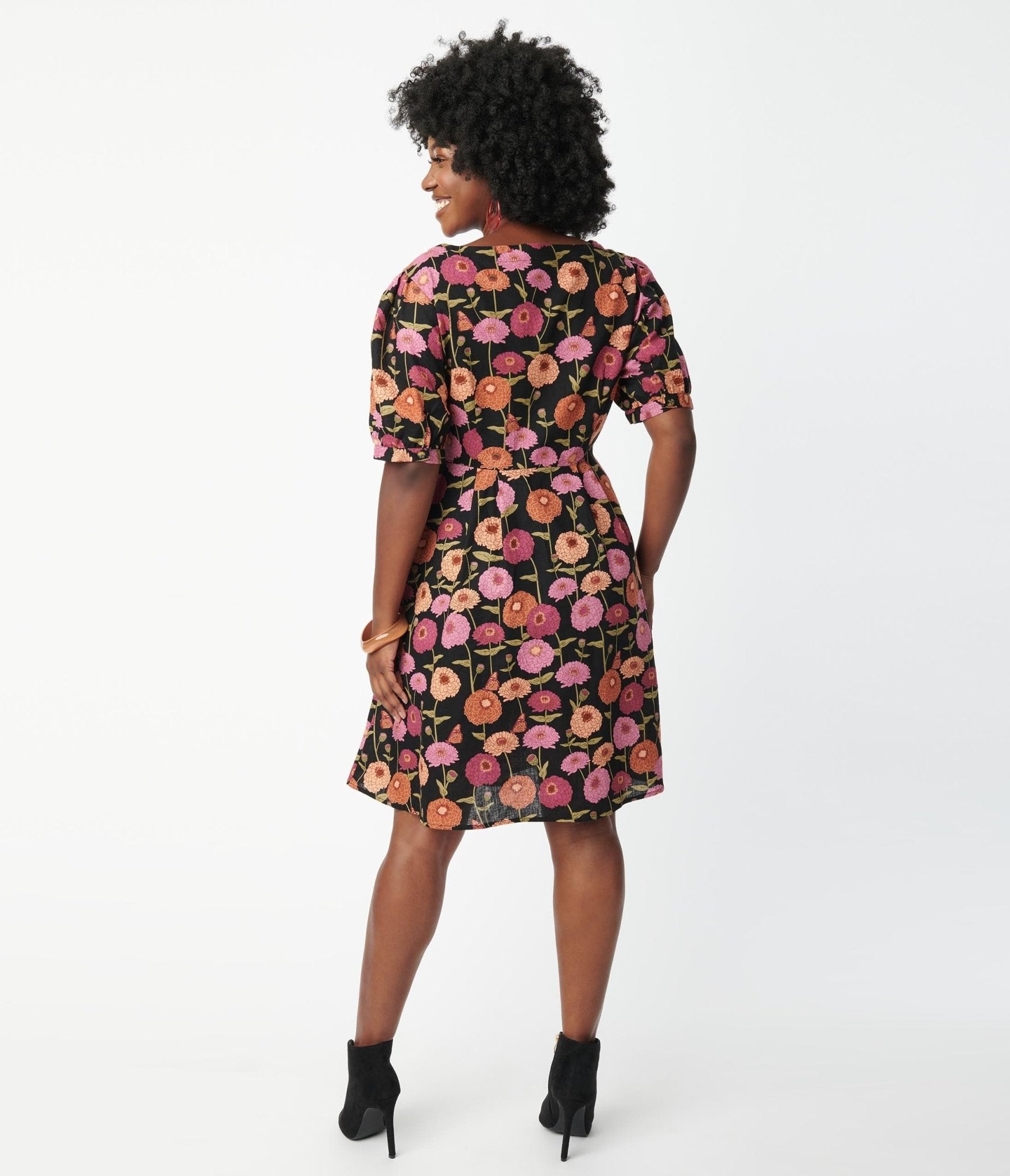 Black & Zinnia Floral Fit & Flare Dress - Unique Vintage - Womens, DRESSES, FIT AND FLARE