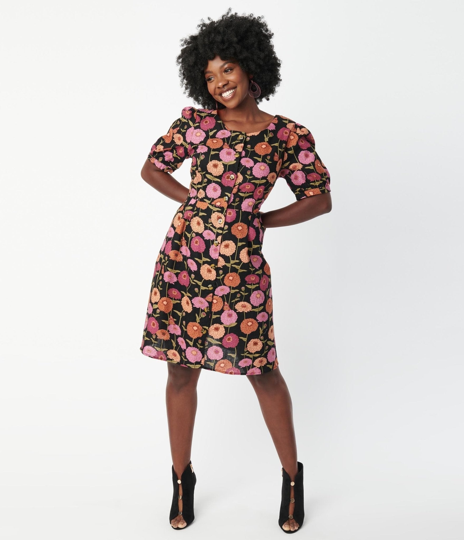 Black & Zinnia Floral Fit & Flare Dress - Unique Vintage - Womens, DRESSES, FIT AND FLARE