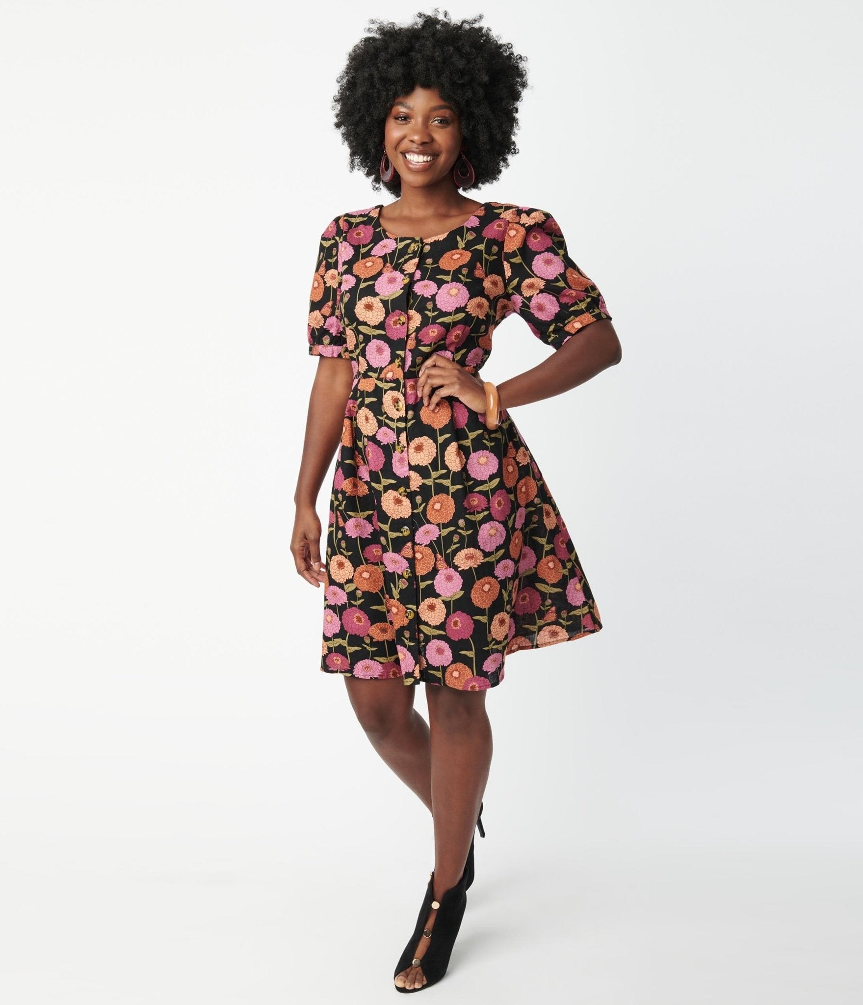 Black & Zinnia Floral Fit & Flare Dress - Unique Vintage - Womens, DRESSES, FIT AND FLARE