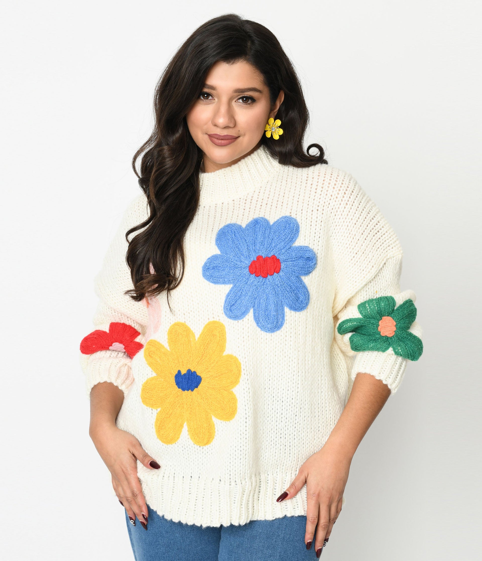 Cream & 3D Multicolor Floral Knit Pullover – Unique Vintage