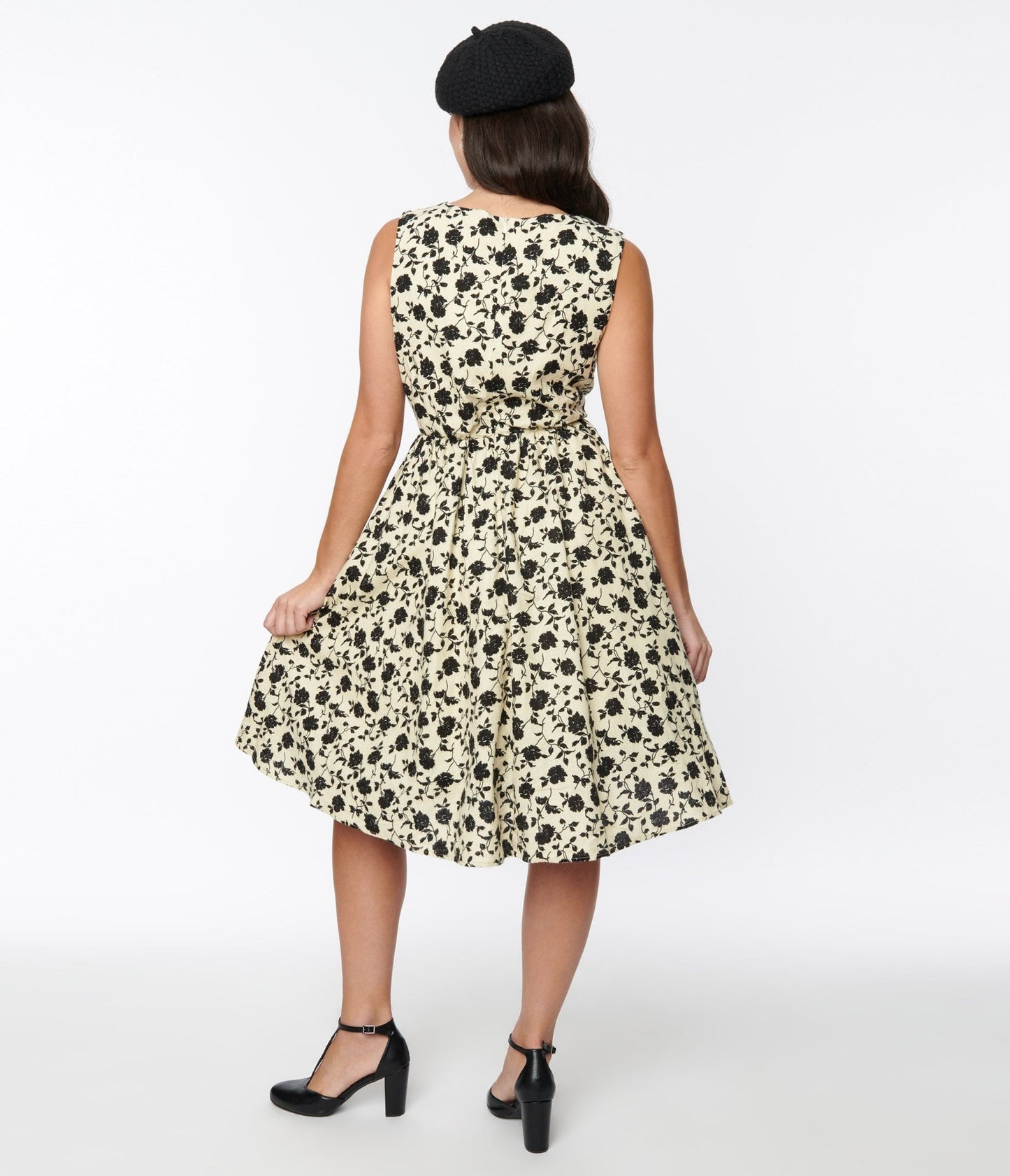 Cream & Black Floral Swing Dress - Unique Vintage - Womens, DRESSES, SWING