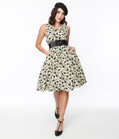 Cream & Black Floral Swing Dress - Unique Vintage - Womens, DRESSES, SWING