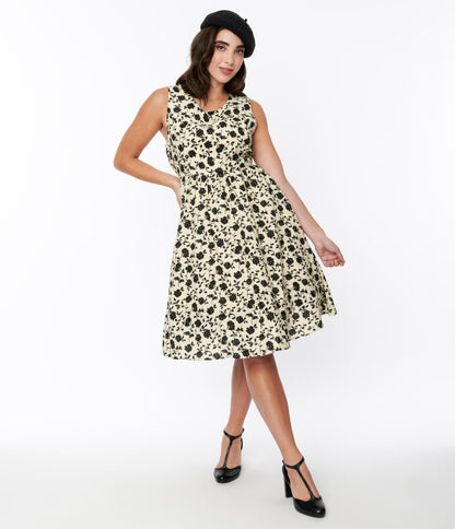 Cream & Black Floral Swing Dress - Unique Vintage - Womens, DRESSES, SWING