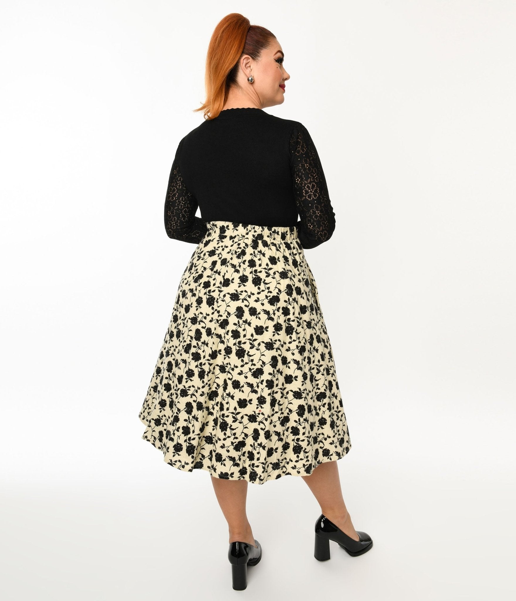 Cream & Black Floral Swing Skirt – Unique Vintage