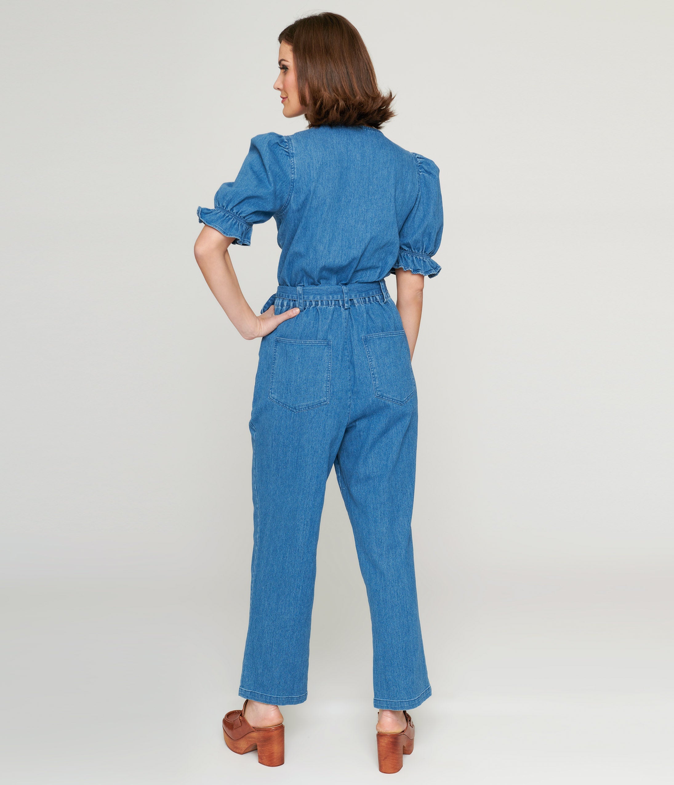 1970s Denim Puff Sleeve Jumpsuit Unique Vintage