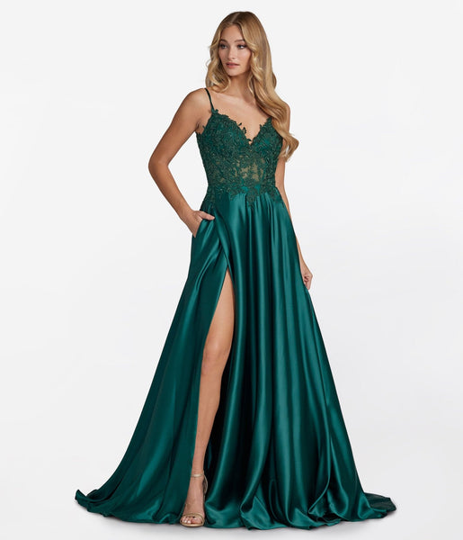 Emerald Floral Lace & Satin Prom Dress – Unique Vintage