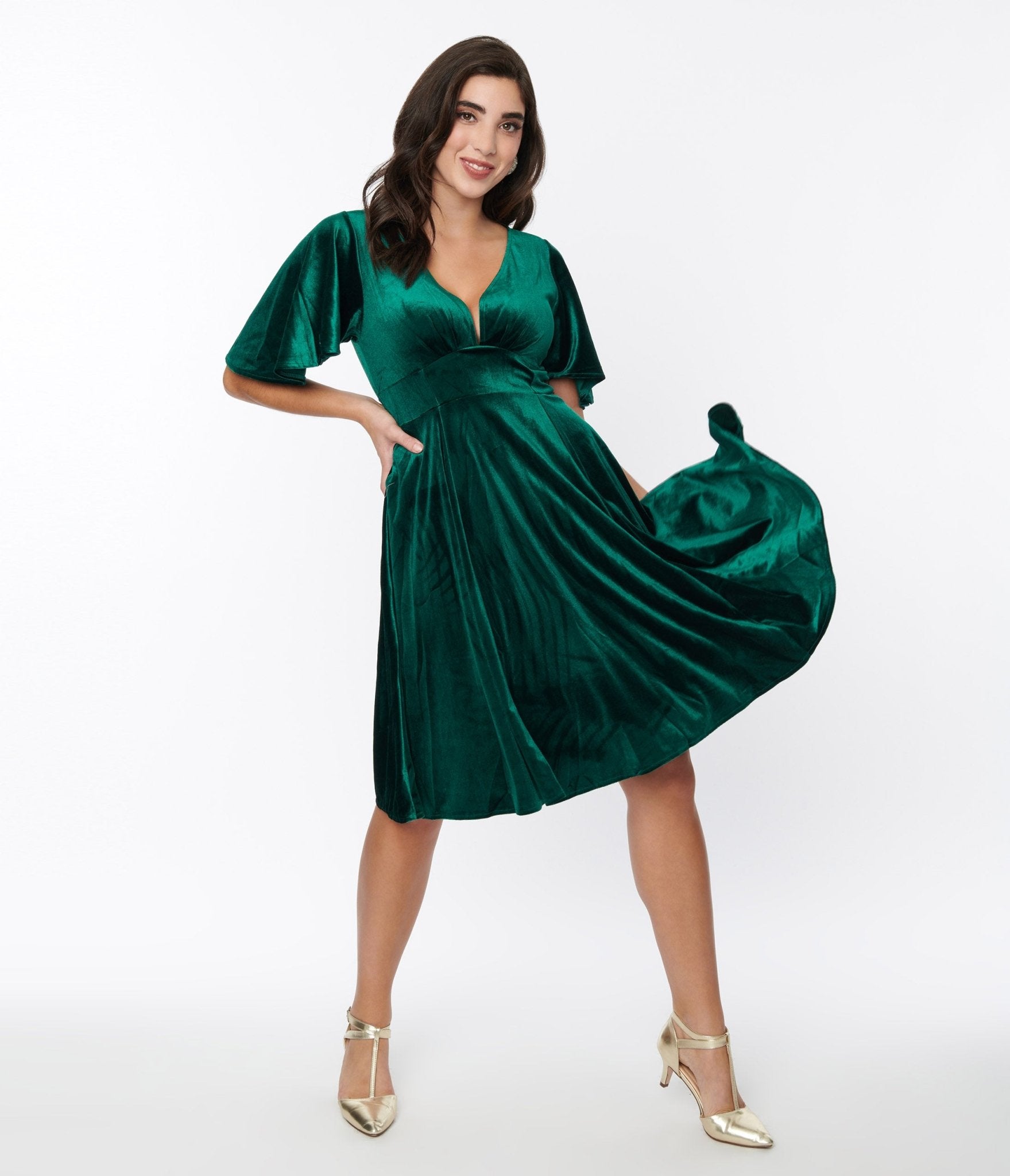 Emerald Green & Black Peacock Deco Print Eileen Flare Dress – Unique Vintage