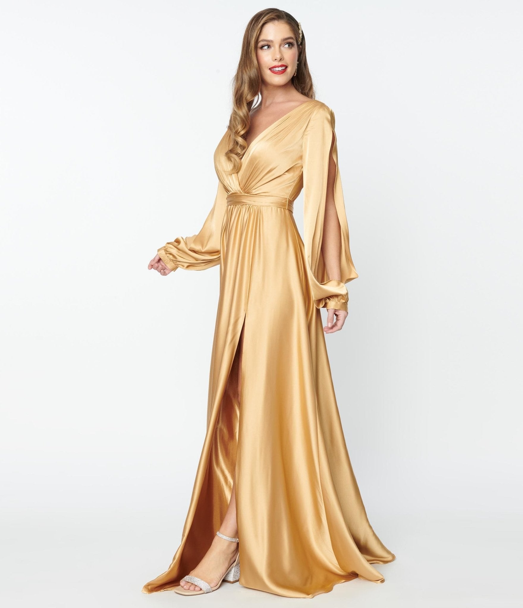 Gold Satin Long Sleeve Goddess Gown – Unique Vintage