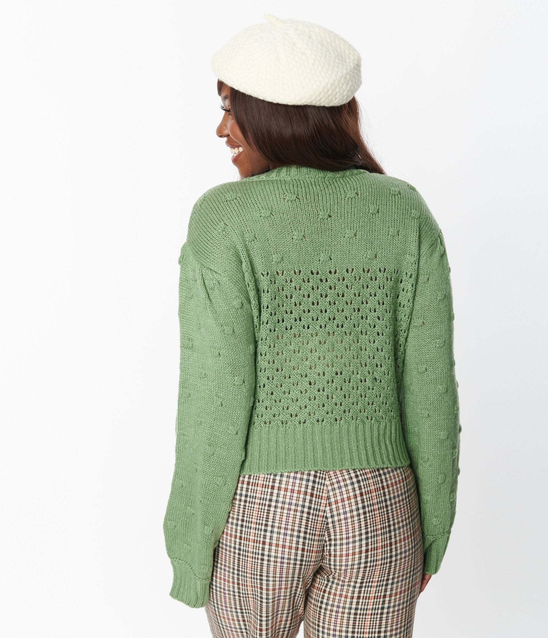 Tied outlets back ribbed puff sleeves knitted sweater cardigan in bottle green with a bo