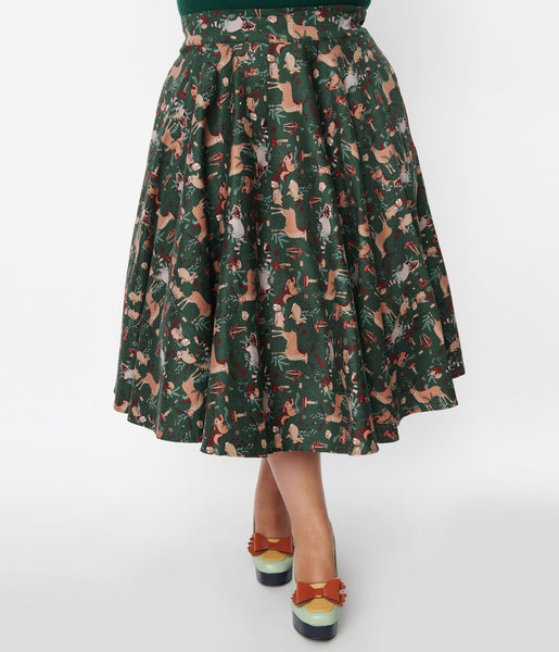 Green Woodland Creatures Swing Skirt – Unique Vintage