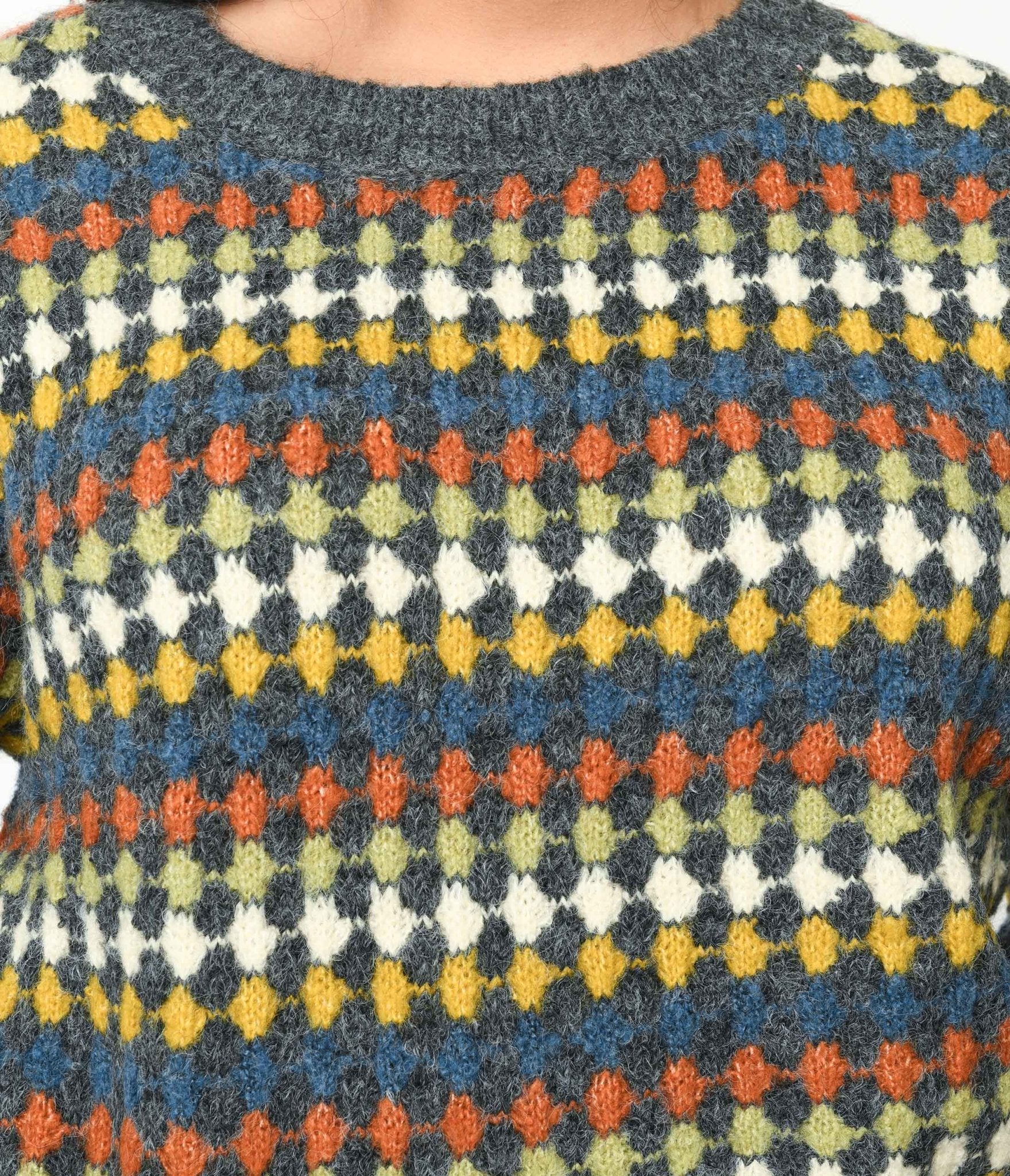 Grey & Multicolor Diamond Knit Sweater – Unique Vintage