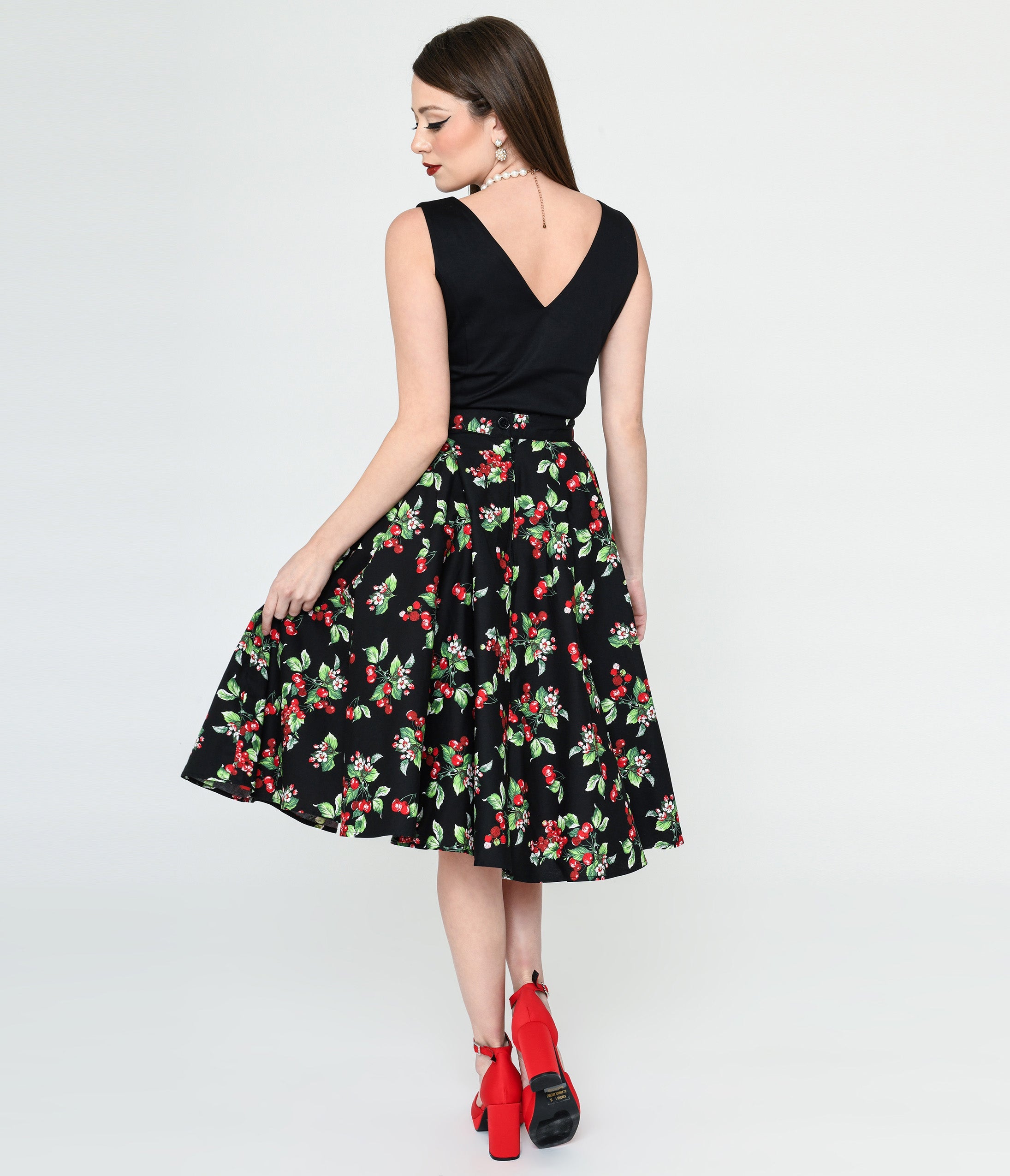 Hell Bunny Black Cherry Print Swing Skirt Unique Vintage