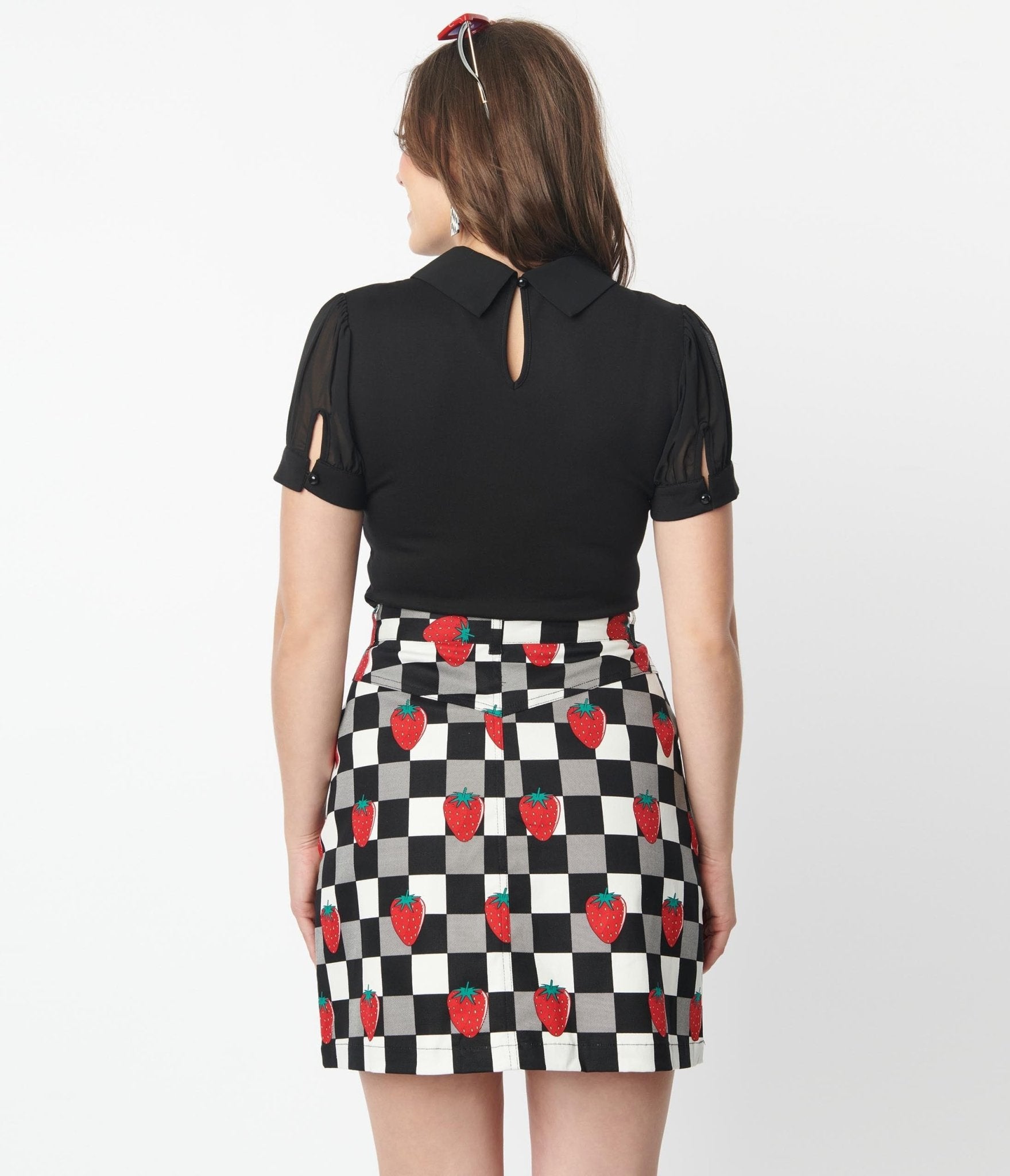 Hell Bunny Black & White Check & Strawberry Denim Mini Skirt