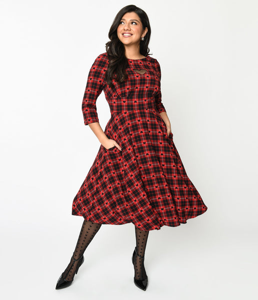 Hell Bunny Red & Black Heart Plaid Date Night Swing Dress – Unique Vintage