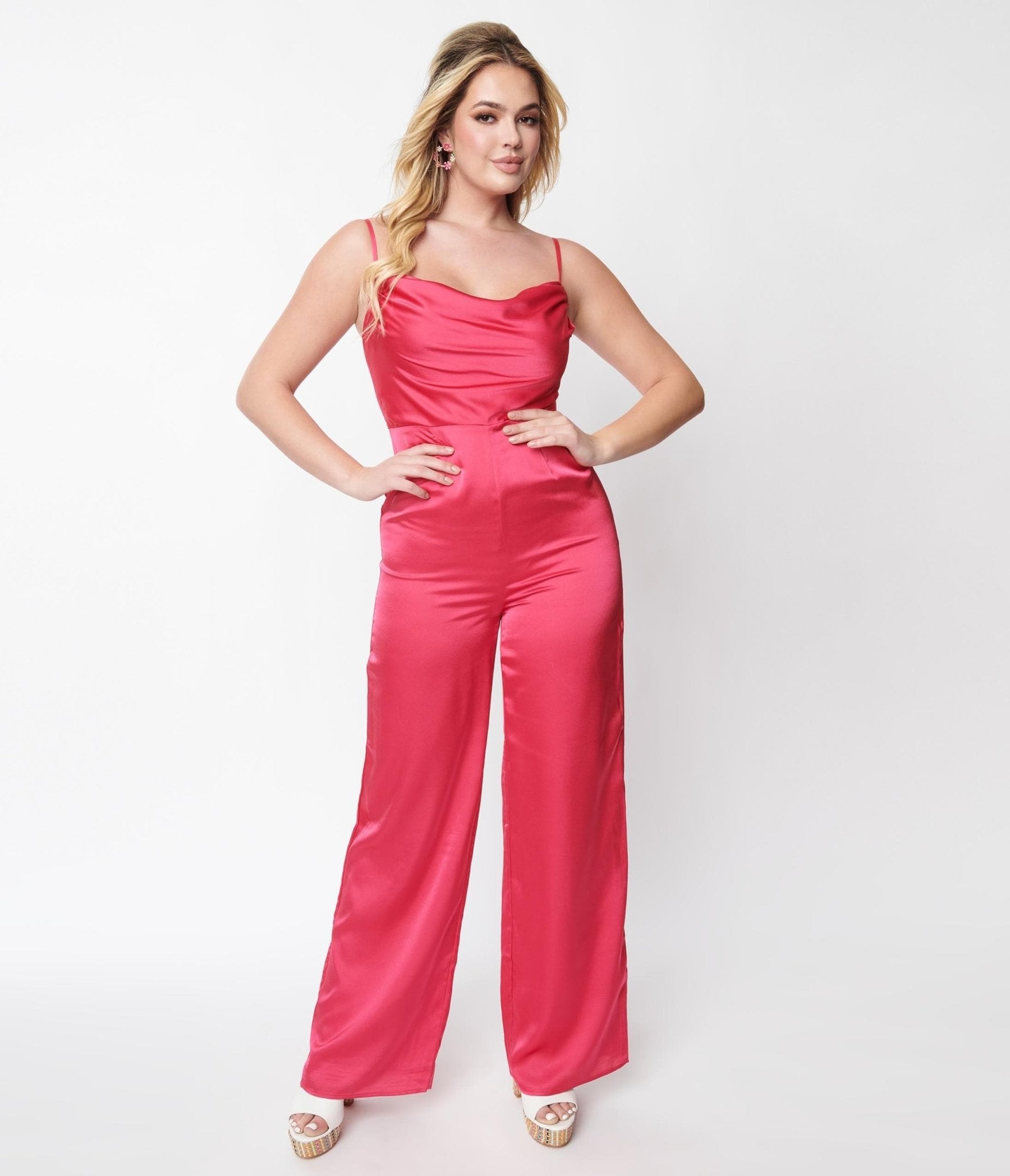 Retro & Vintage Hot Pink Chateau Satin Cowl Neck Jumpsuit | Unique