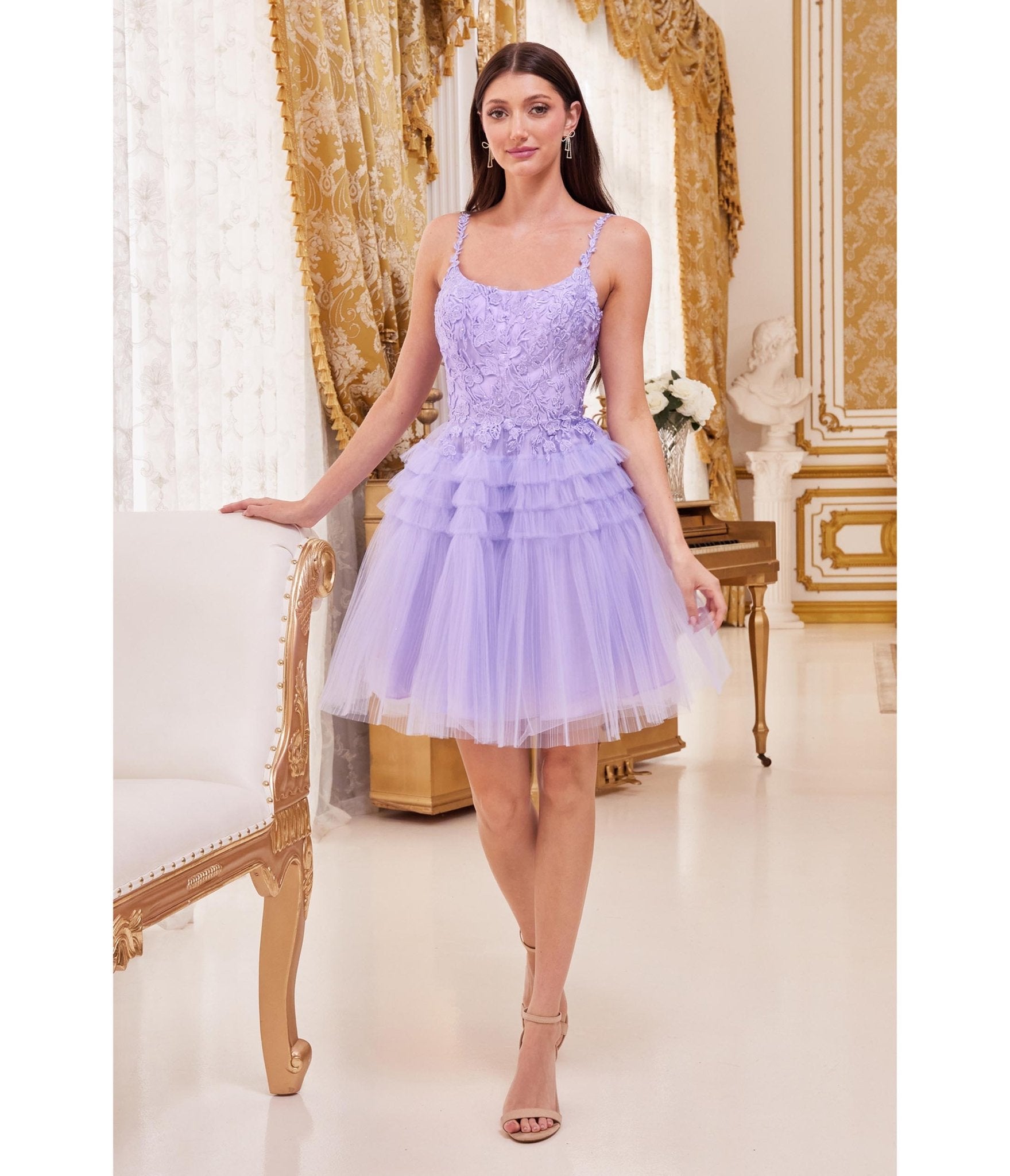Cinderella Divine Lavender Floral Applique & Tiered Tulle Cocktail