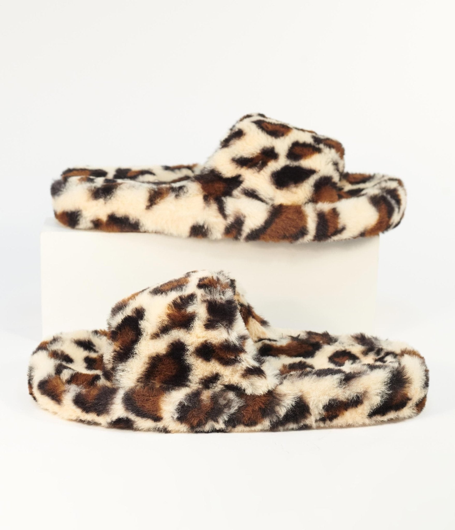 Leopard Print Fuzzy Slippers - Unique Vintage - Womens, SHOES, SLIPPERS