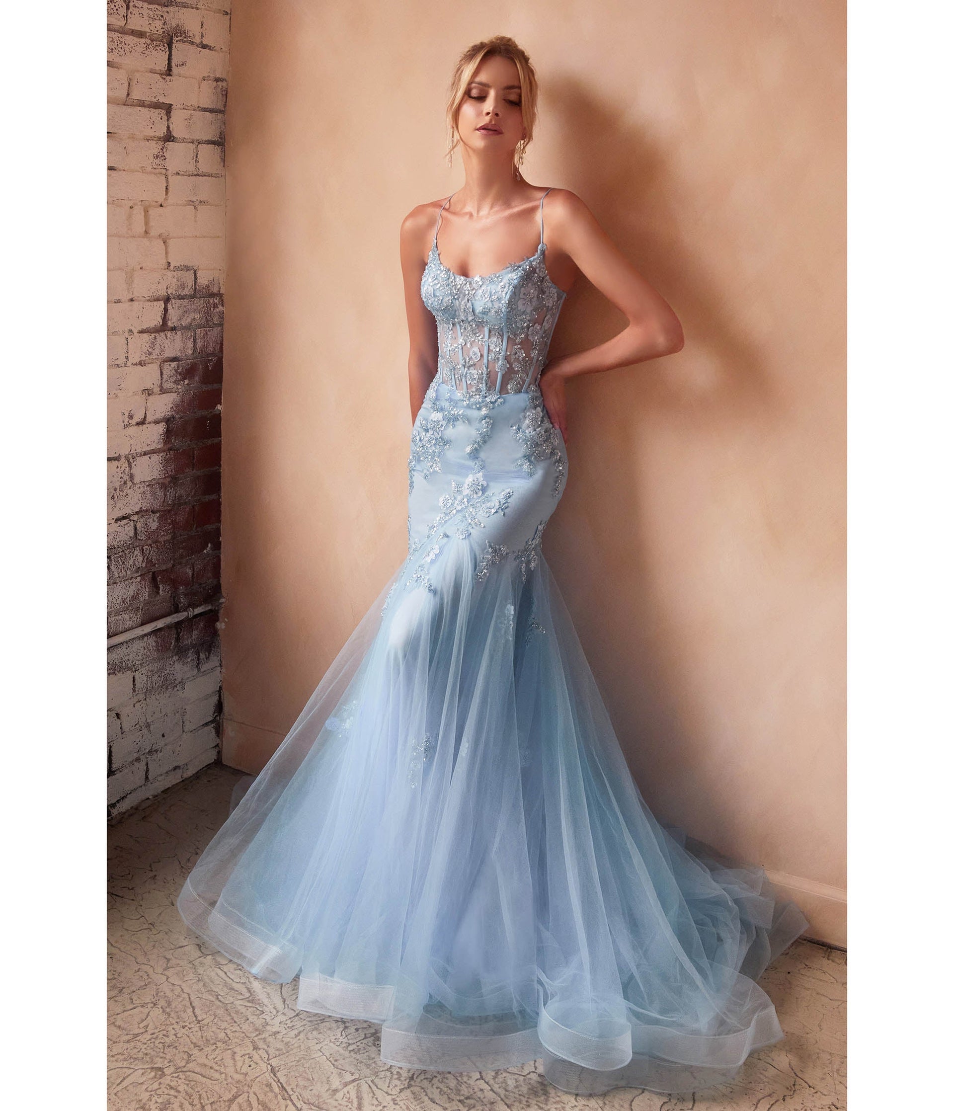 Cinderella Divine Light Blue Floral & Beaded Corset Mermaid Gown – Unique  Vintage