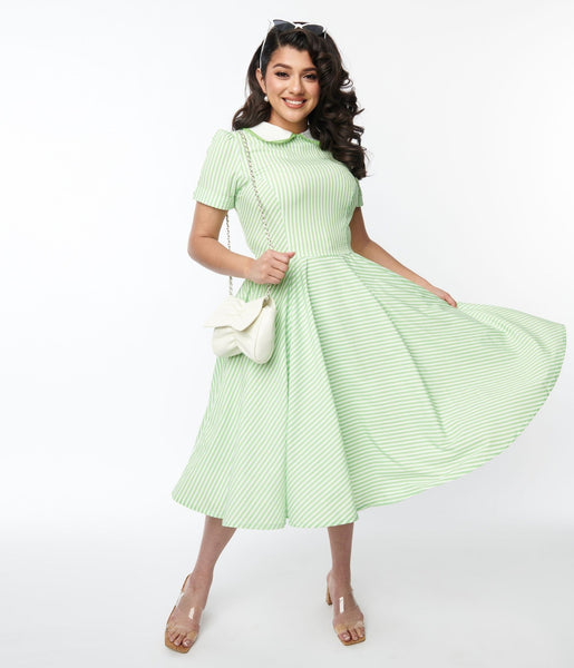 Retro & Vintage Lime Green & White Striped Swing Dress | Unique Vintage