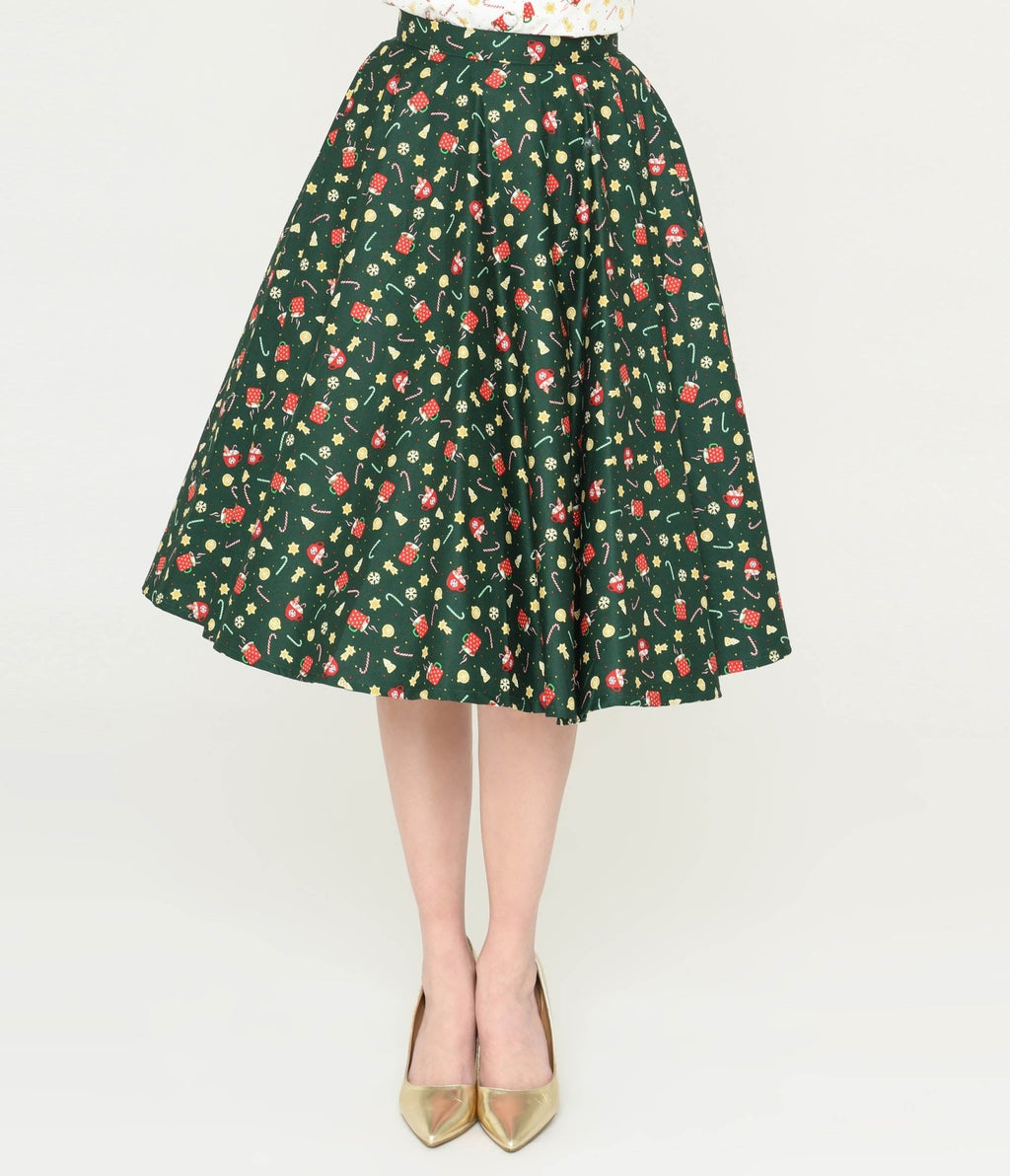 Retro & Vintage Magnolia Place Green & Holiday Print Sally Swing Skirt ...