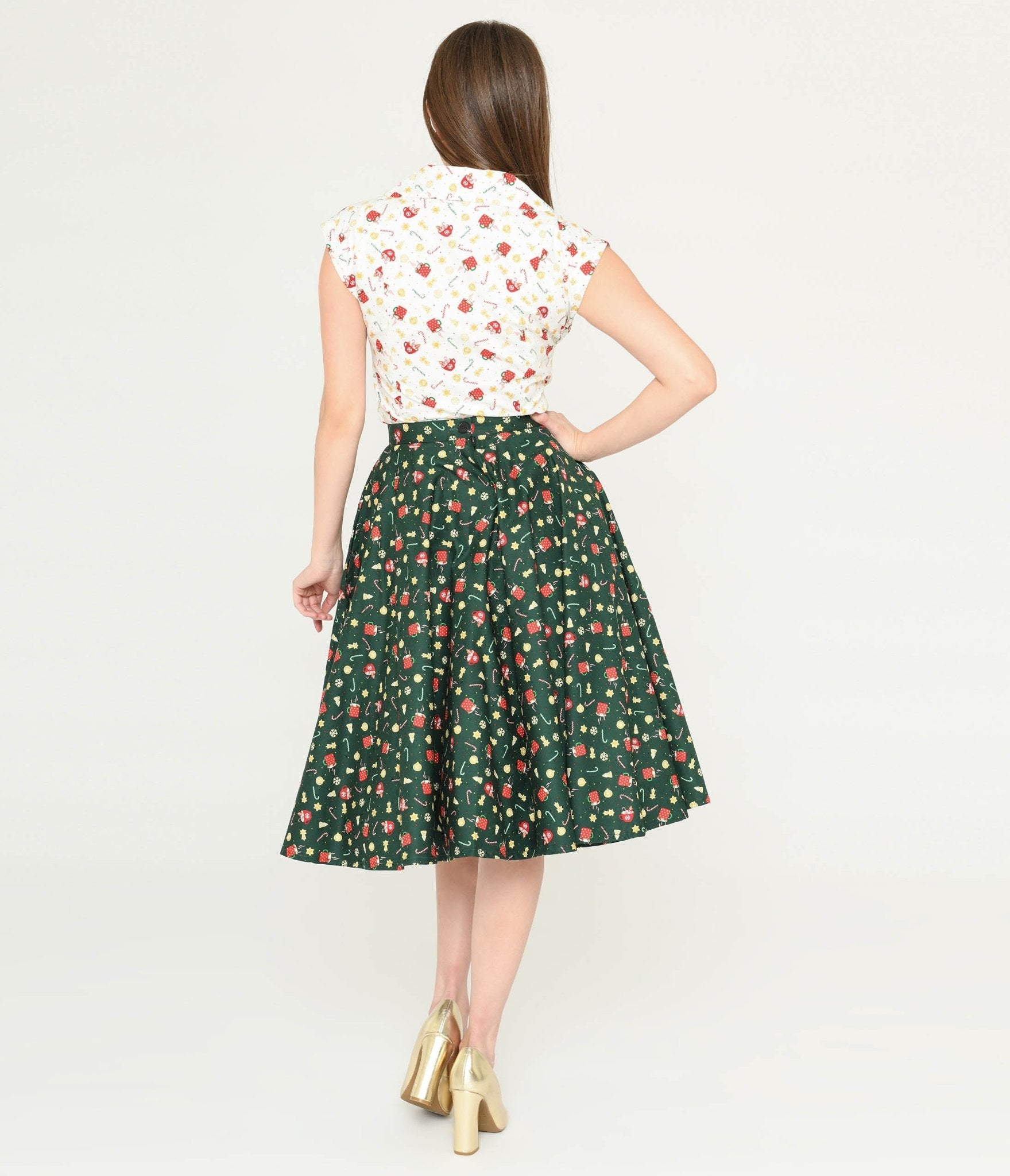 Retro Vintage Magnolia Place Green Holiday Print Sally Swing Skirt Unique Vintage