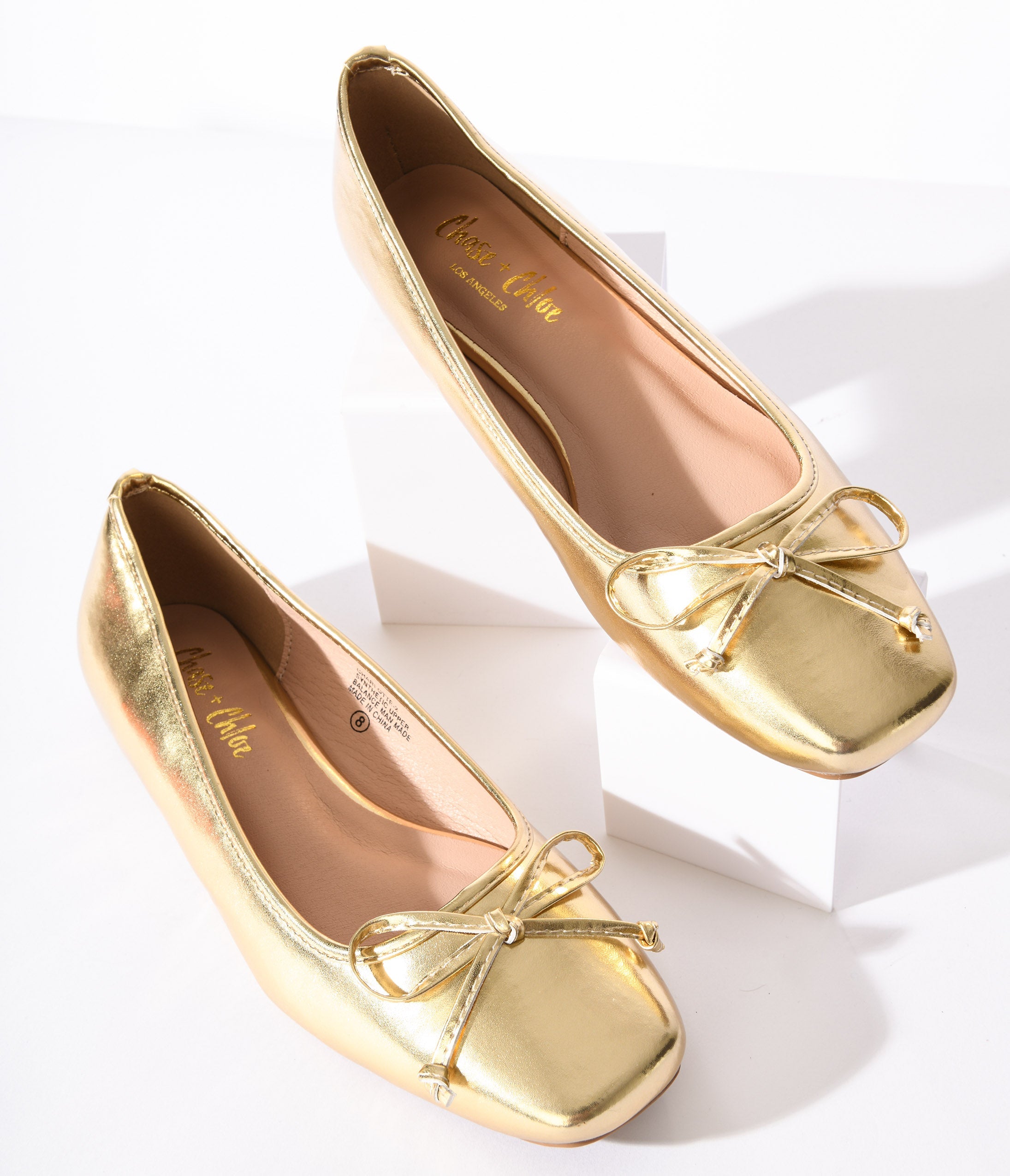 Metallic Gold Leatherette Bow Flats – Unique Vintage