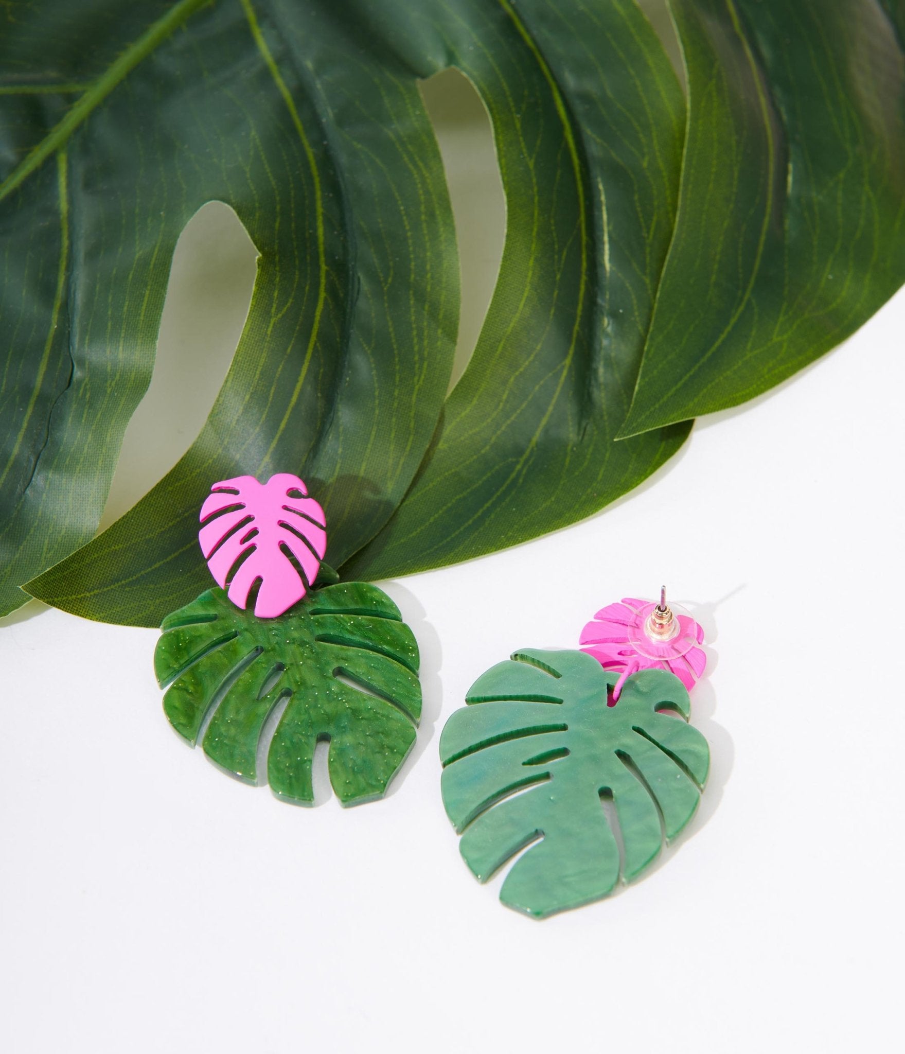 Retro & Vintage Pink & Green Monstera Leaf Earrings | Unique Vintage