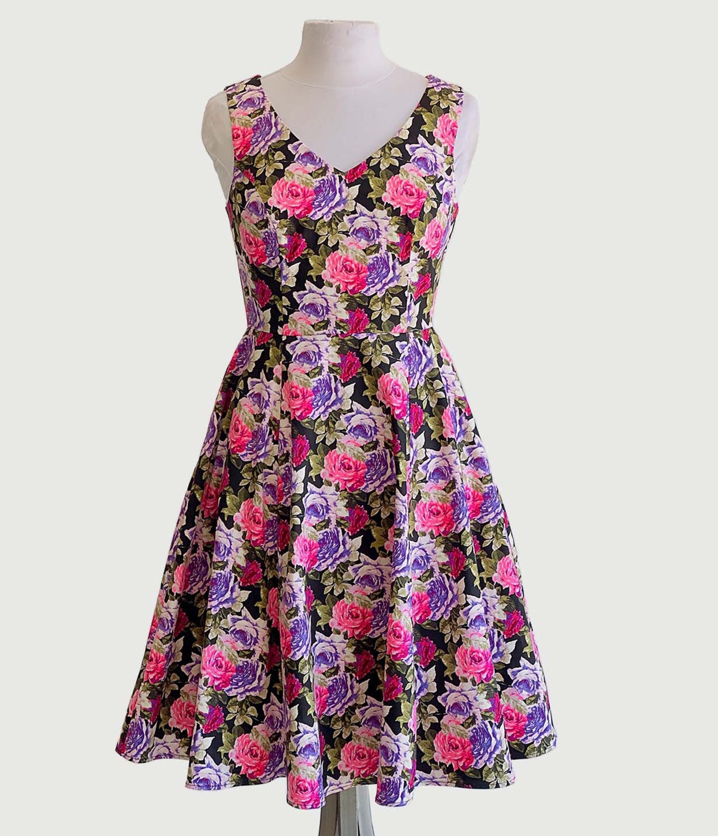 Pink & Purple Roses Swing Dress - Unique Vintage - Womens, DRESSES, FIT AND FLARE