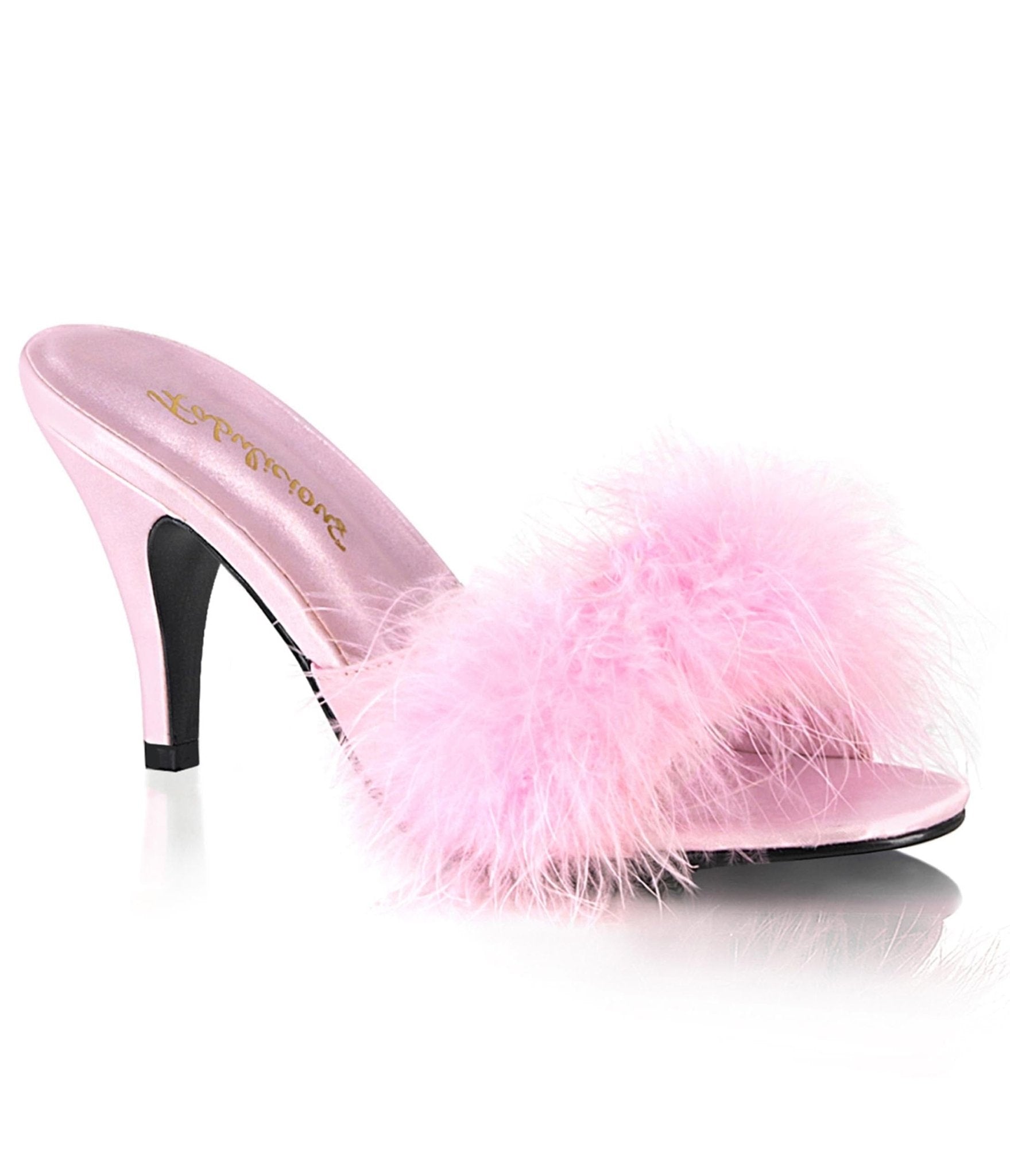 Pink Satin & Marabou Feather Peep Toe Amour Heel Slipper – Unique