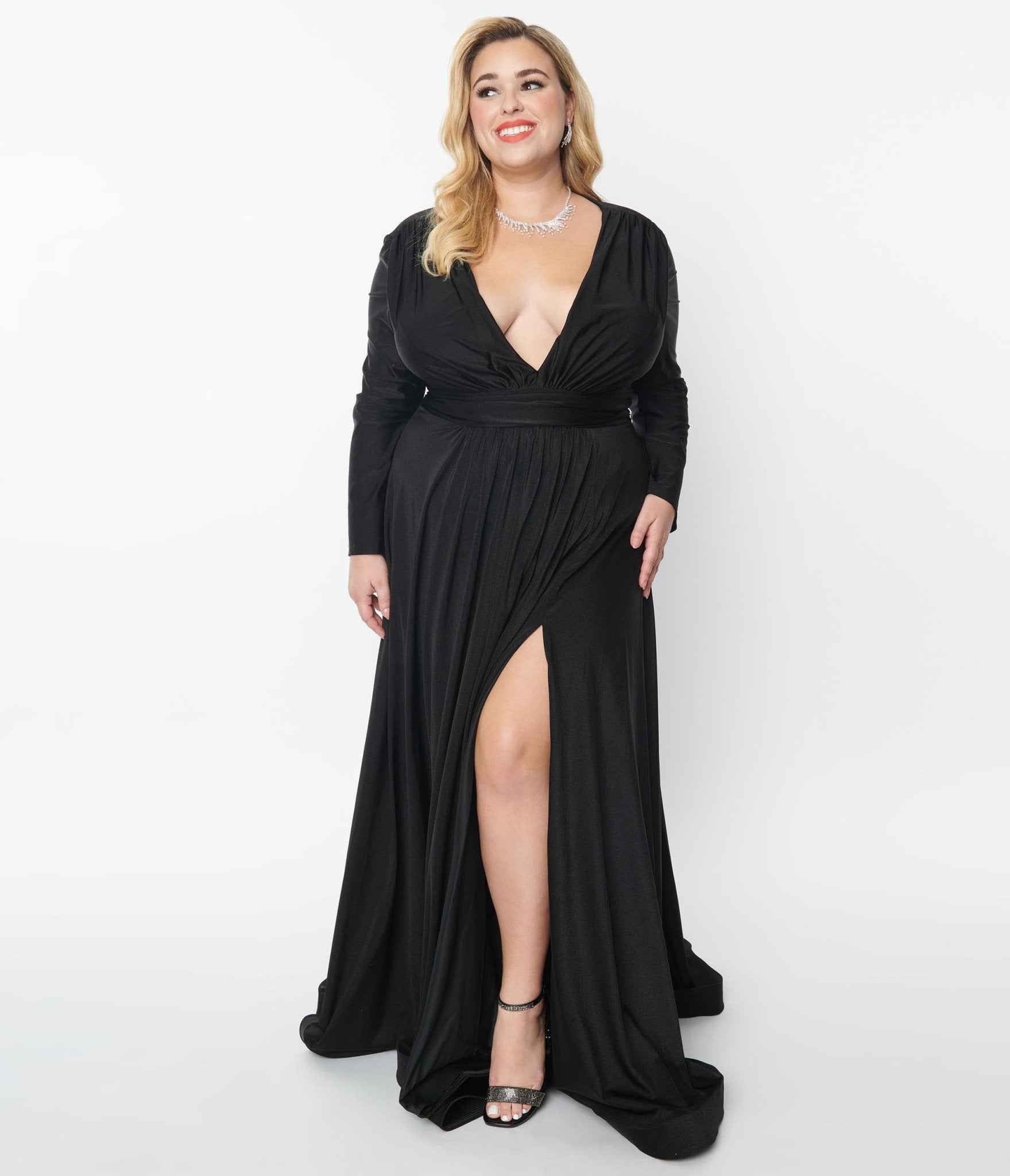 Plus Size Black Long Sleeve Sophisticated Goddess Gown