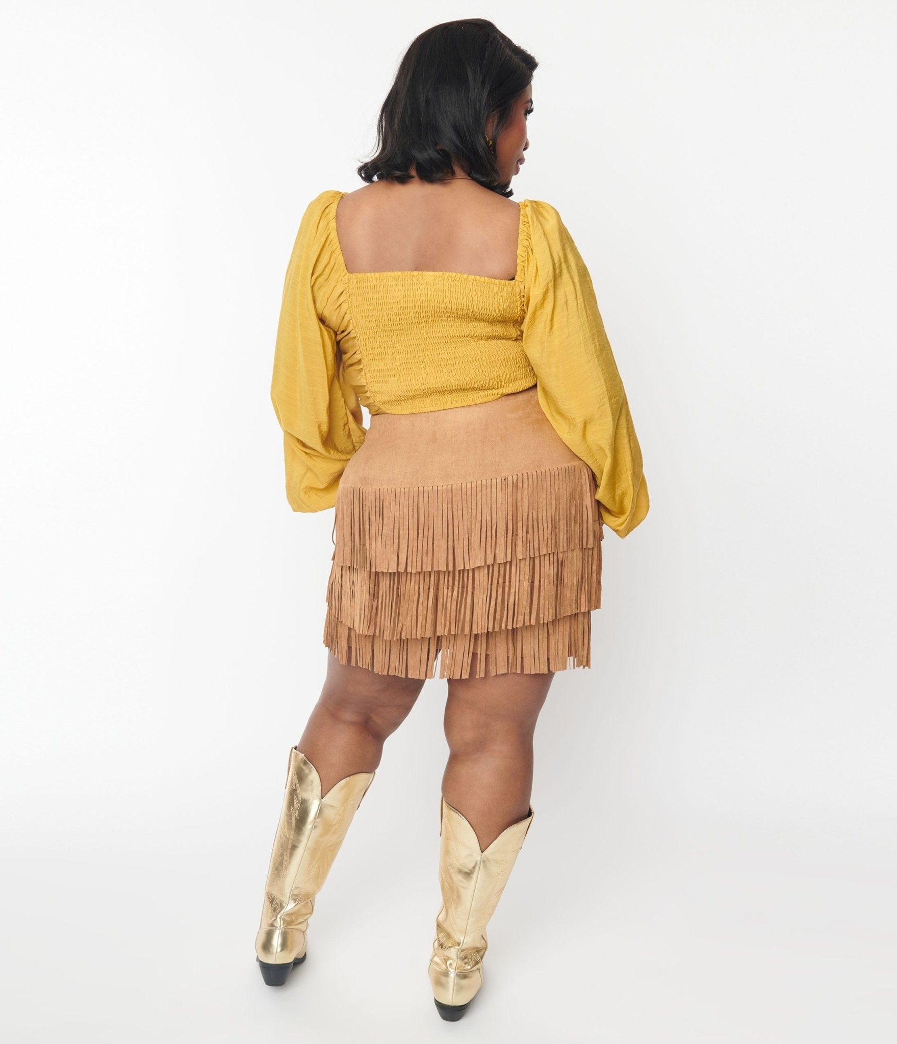 Plus Size Brown Suede Tiered Fringe Skirt