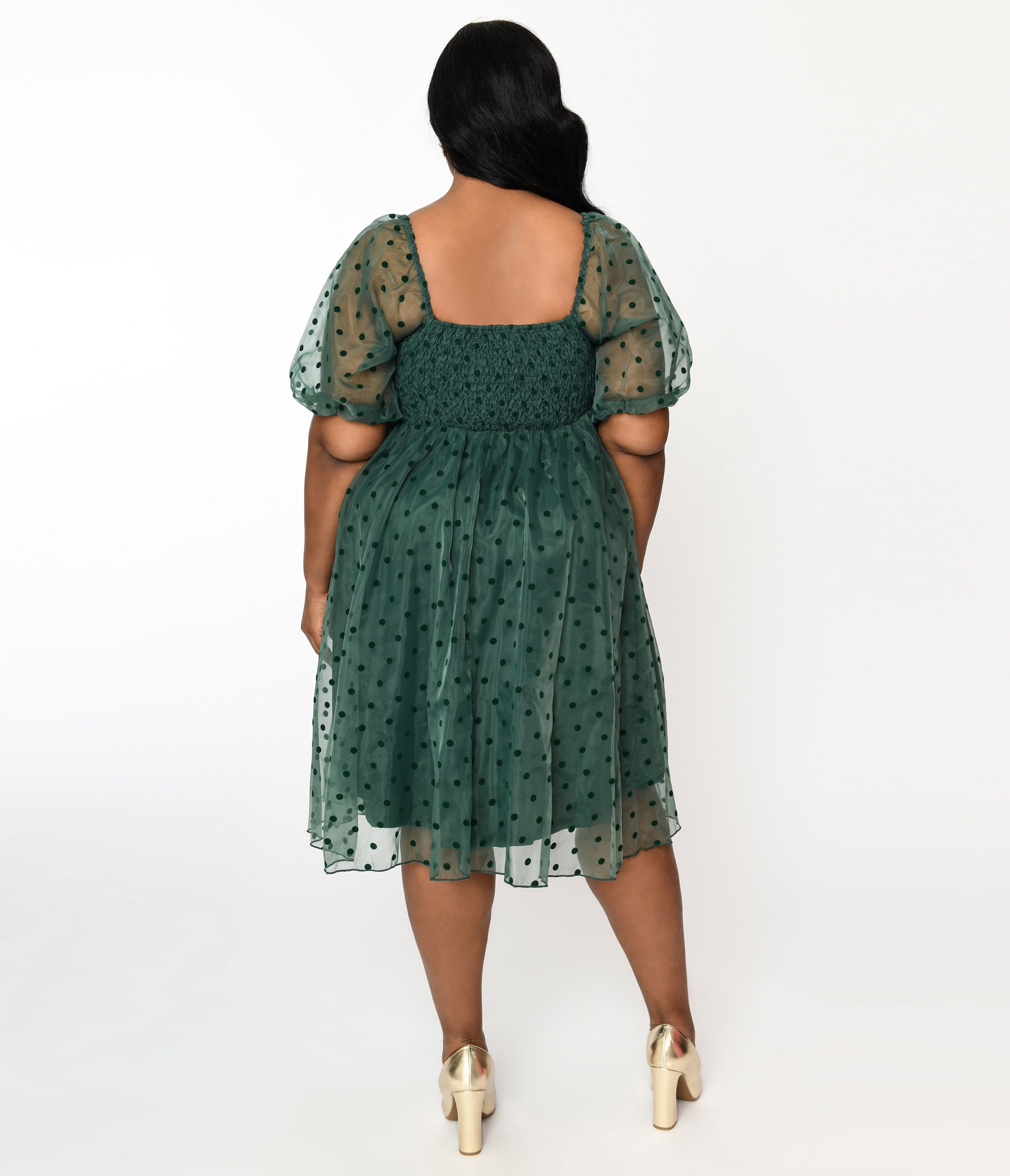 Plus Size Green & Velvet Polka Dot Babydoll Dress – Unique Vintage