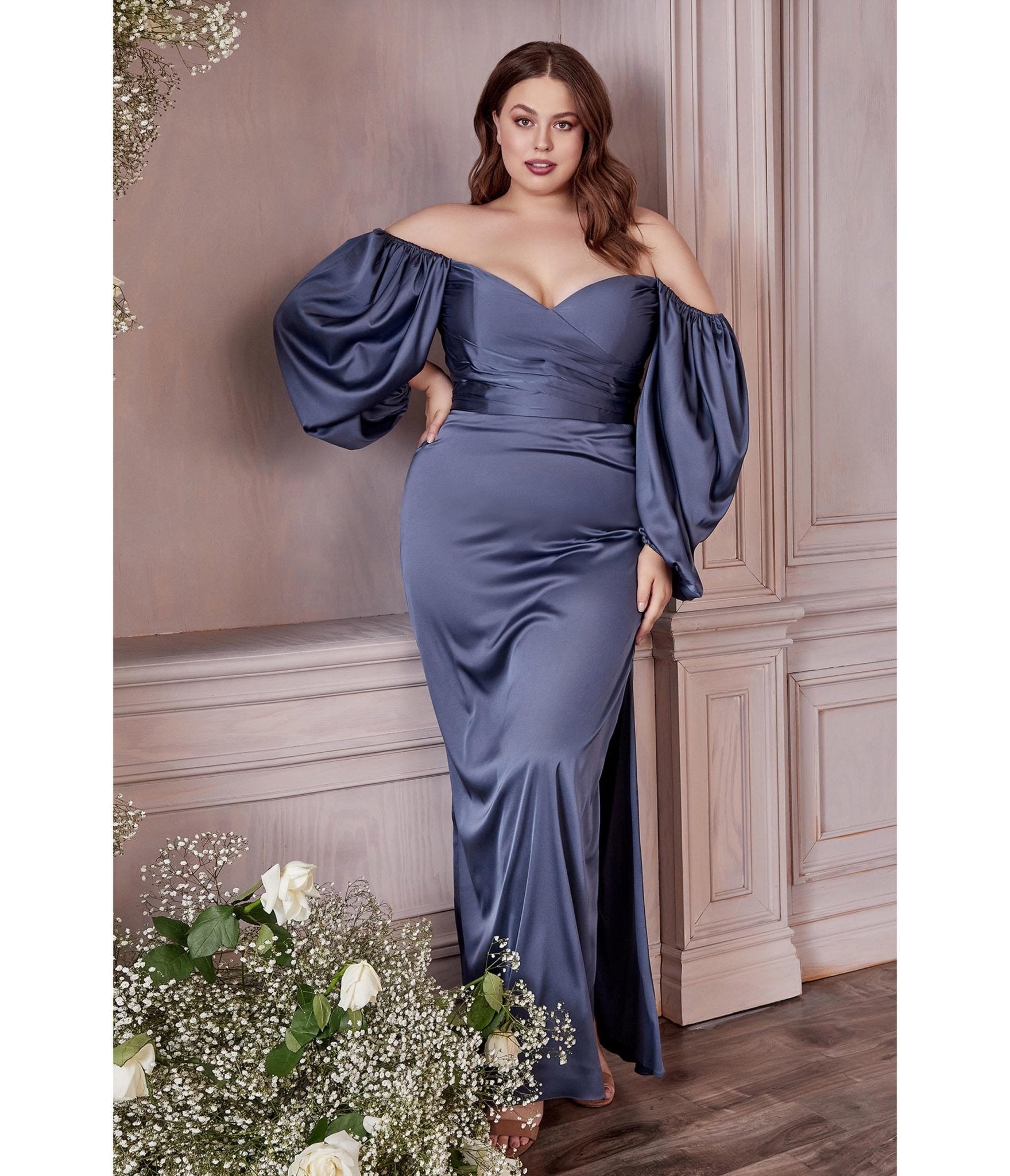 Dark Blue Evening Dress Satin With Beaded Pearls Plus Size