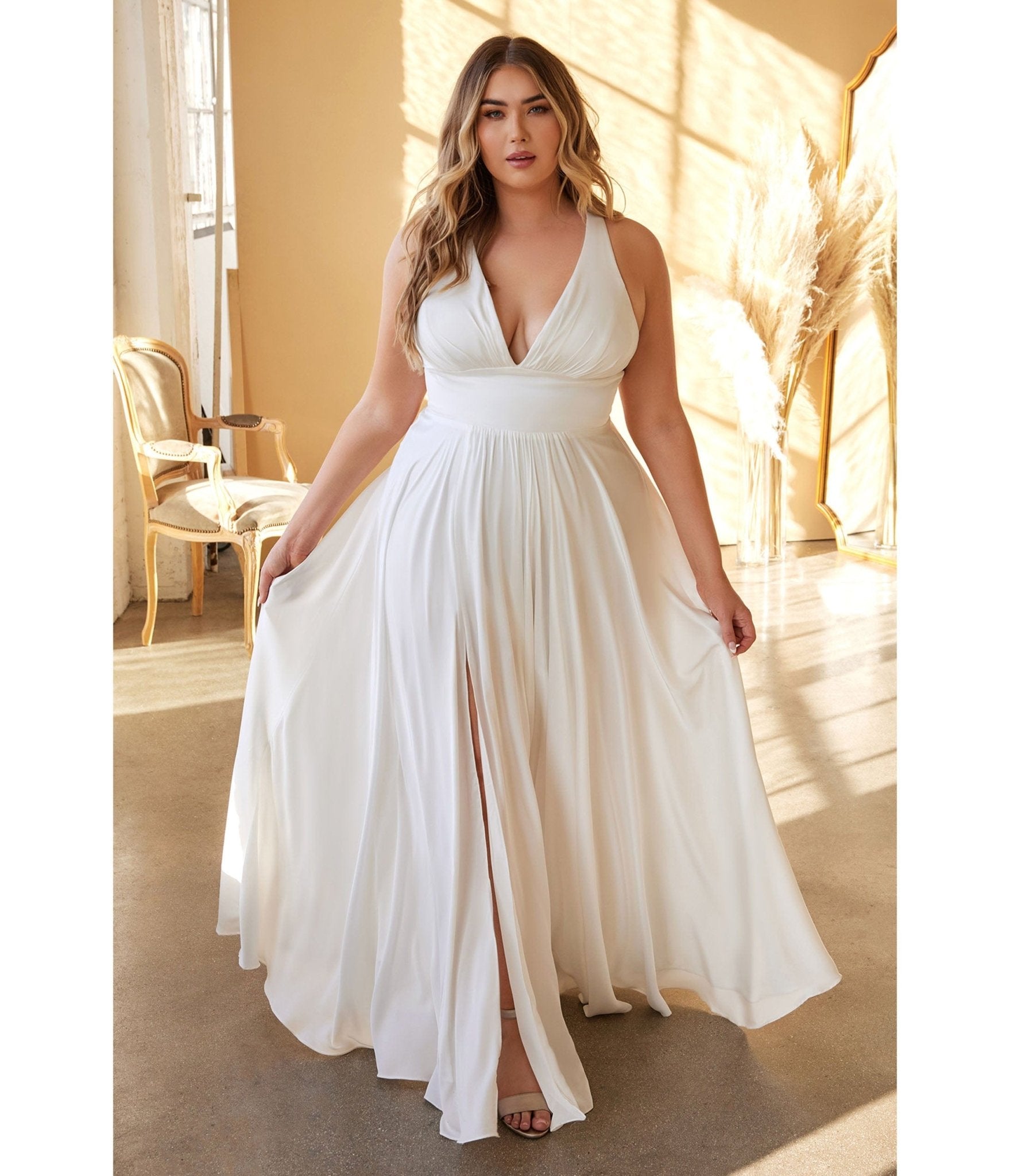 Cinderella Divine Plus Size White Satin A Line Bridal Gown