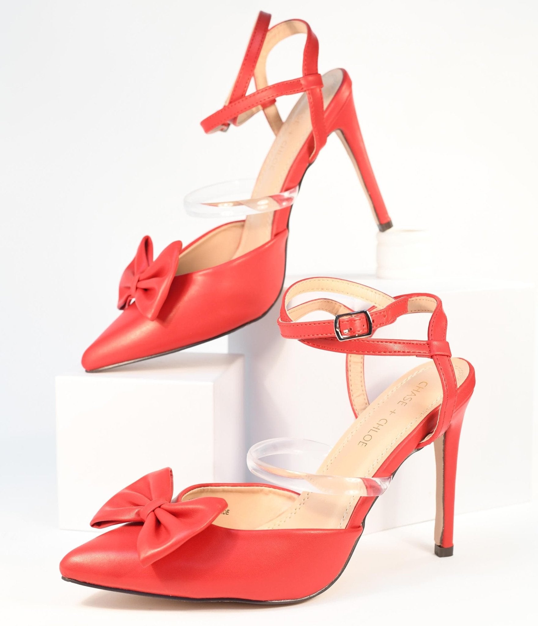 Red Bow Strappy Ankle Heels | Size 5.5