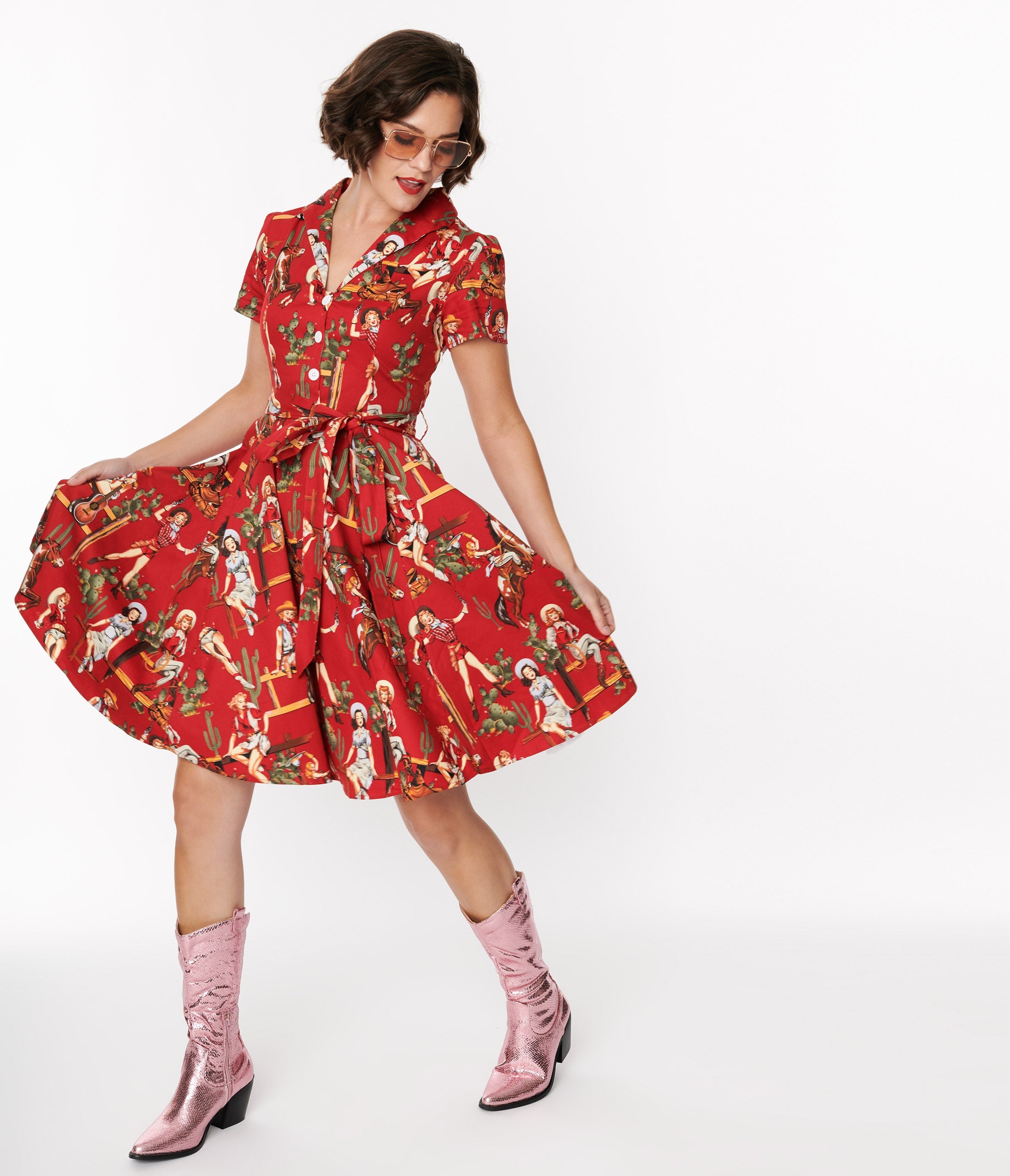 Red & Cowgirl Print Swing Shirt Dress – Unique Vintage