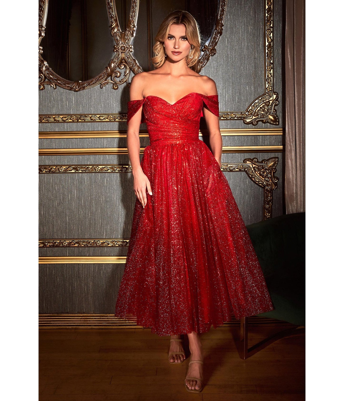 Shiny Red Tulle Off the Shoulder Tea Length Prom Dress, Off