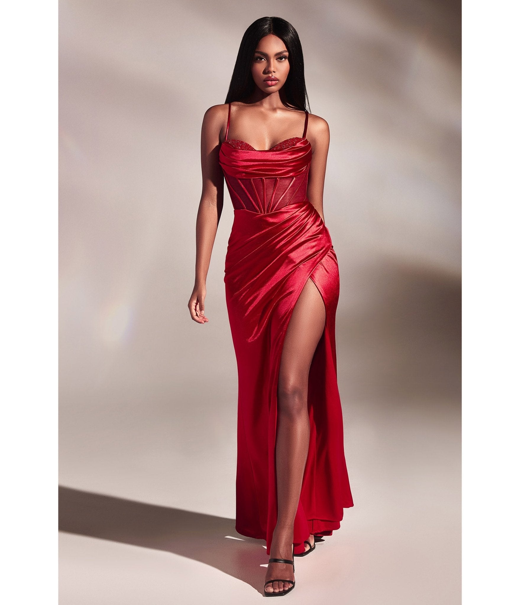 Red Satin Beaded Draped Corset Prom Dress