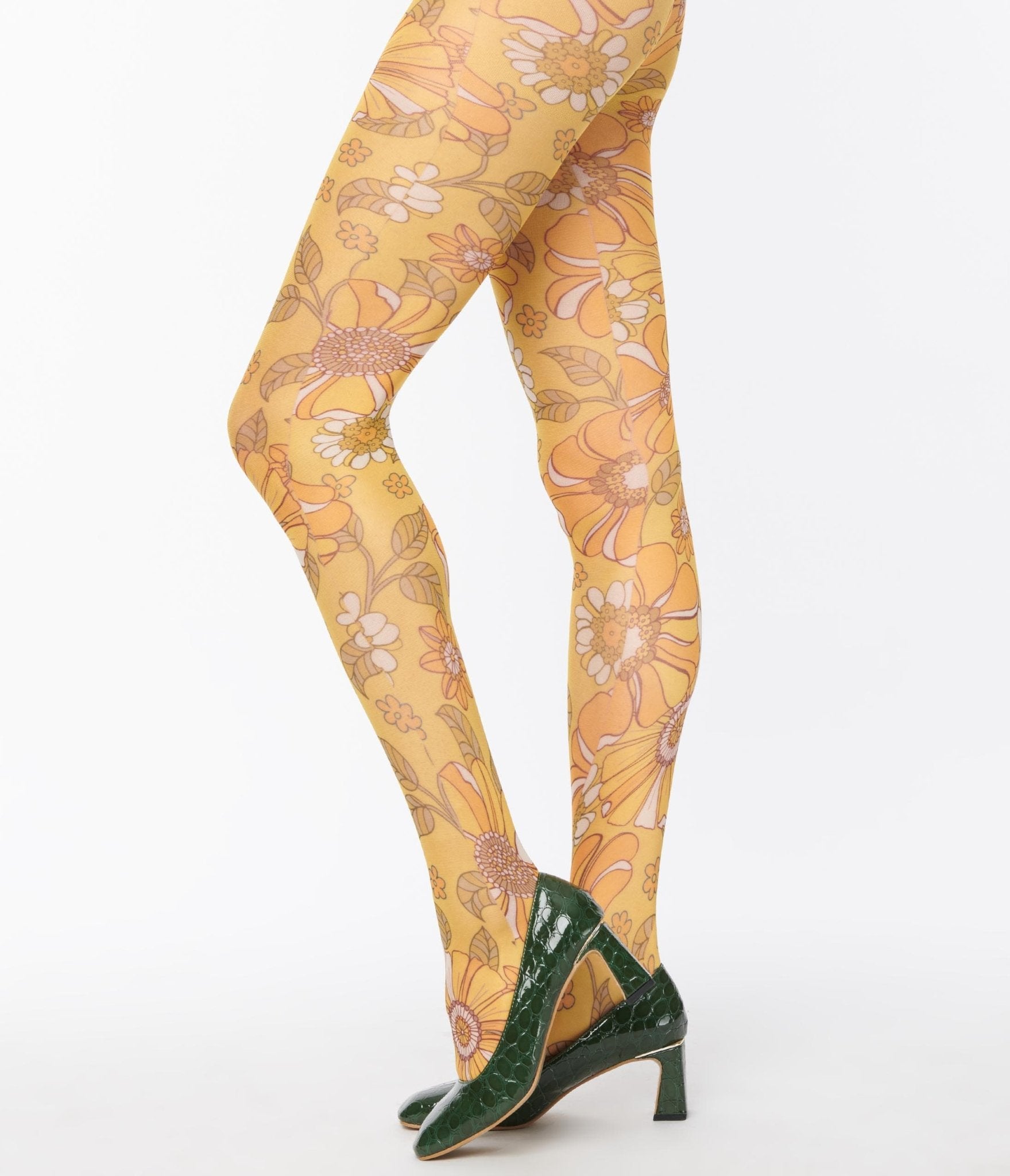 Retro Yellow Floral Print Tights Unique Vintage