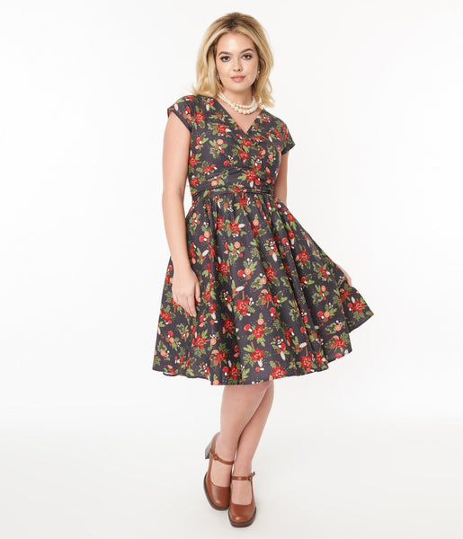 Retrolicious Brown & Holiday Florals Greta Swing Dress – Unique Vintage