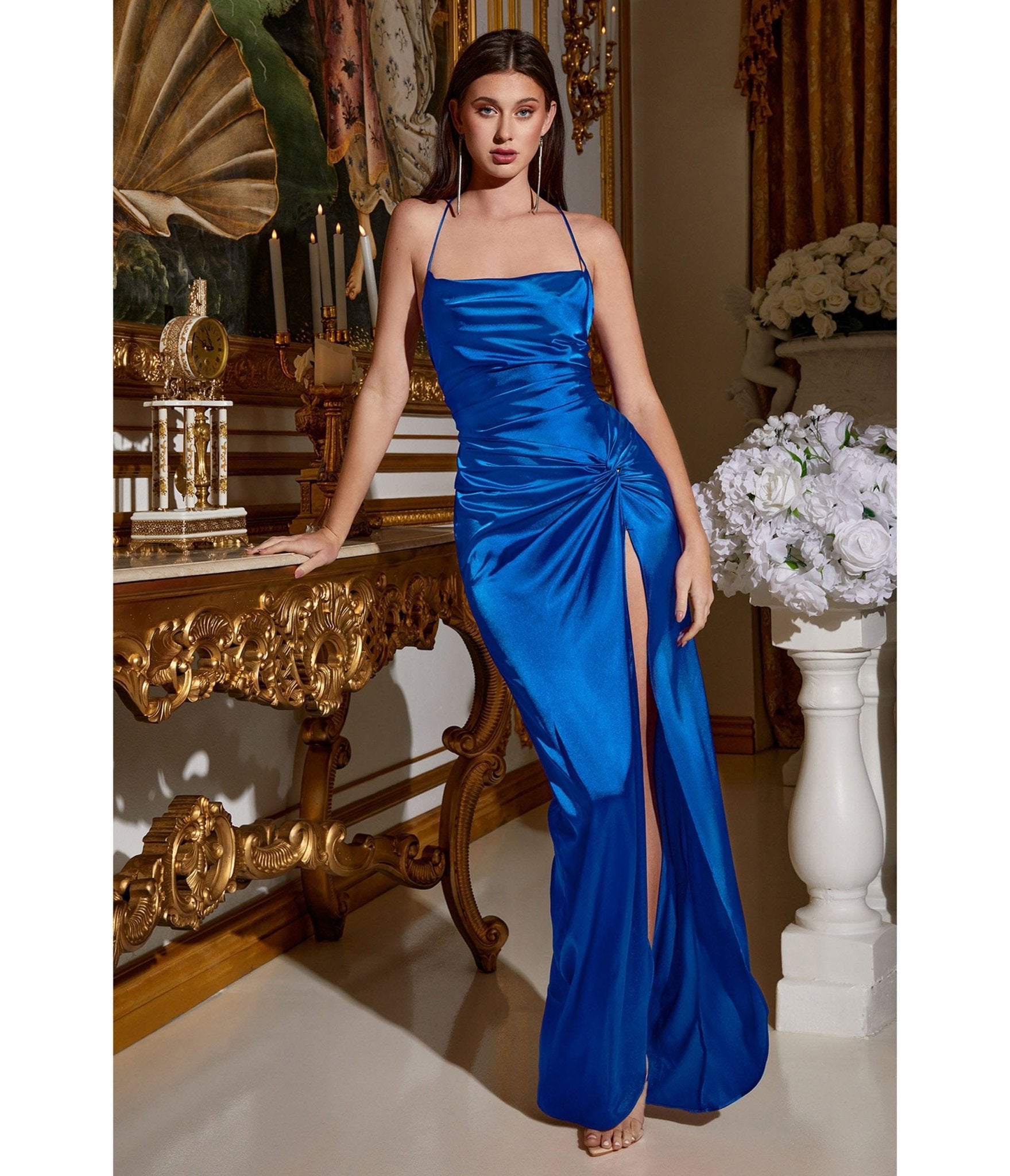 Daring Romance Pastel Blue Satin Cowl Neck Maxi Dress