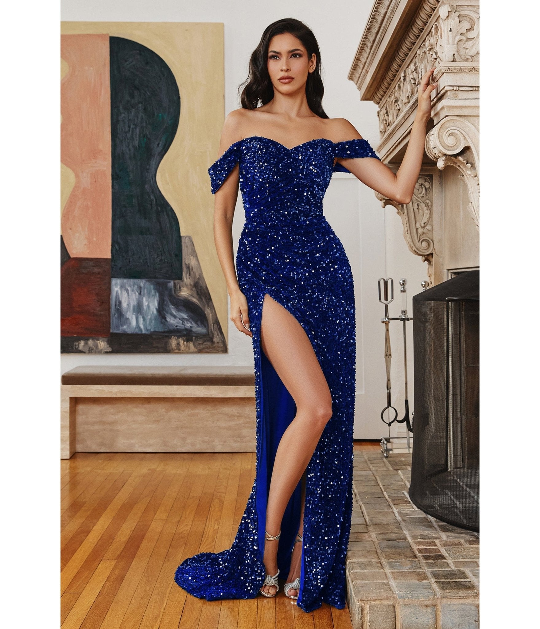 Retro & Vintage Royal Blue Velvet Glittering Sequin Prom Gown