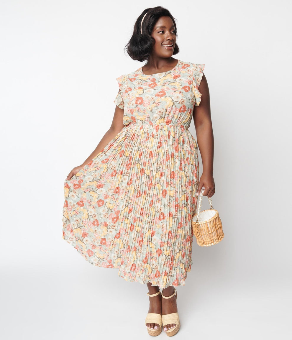 Retro & Vintage Sage Floral Pleated Midi Dress | Unique Vintage