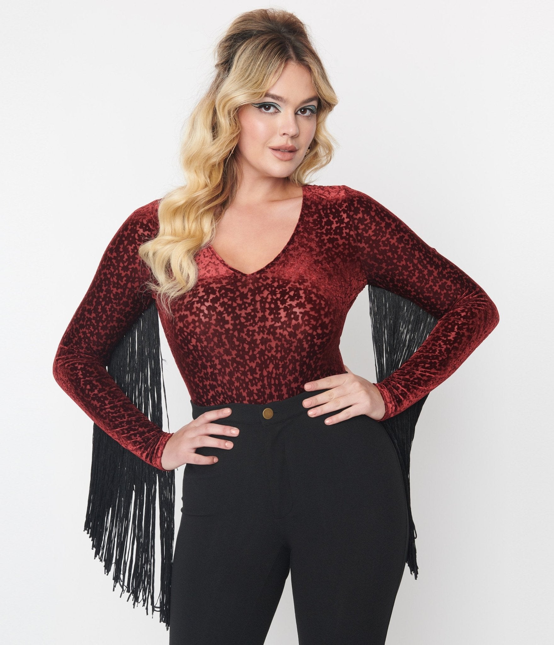 Smak Parlour Burgundy Floral Velvet Burnout Fringe Sleeved Bodysuit - Unique Vintage - Womens, TOPS, BODYSUITS