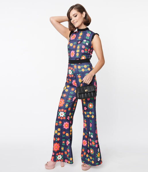 Smak Parlour Navy & Floral Wallpaper Back Bow Jumpsuit – Unique Vintage