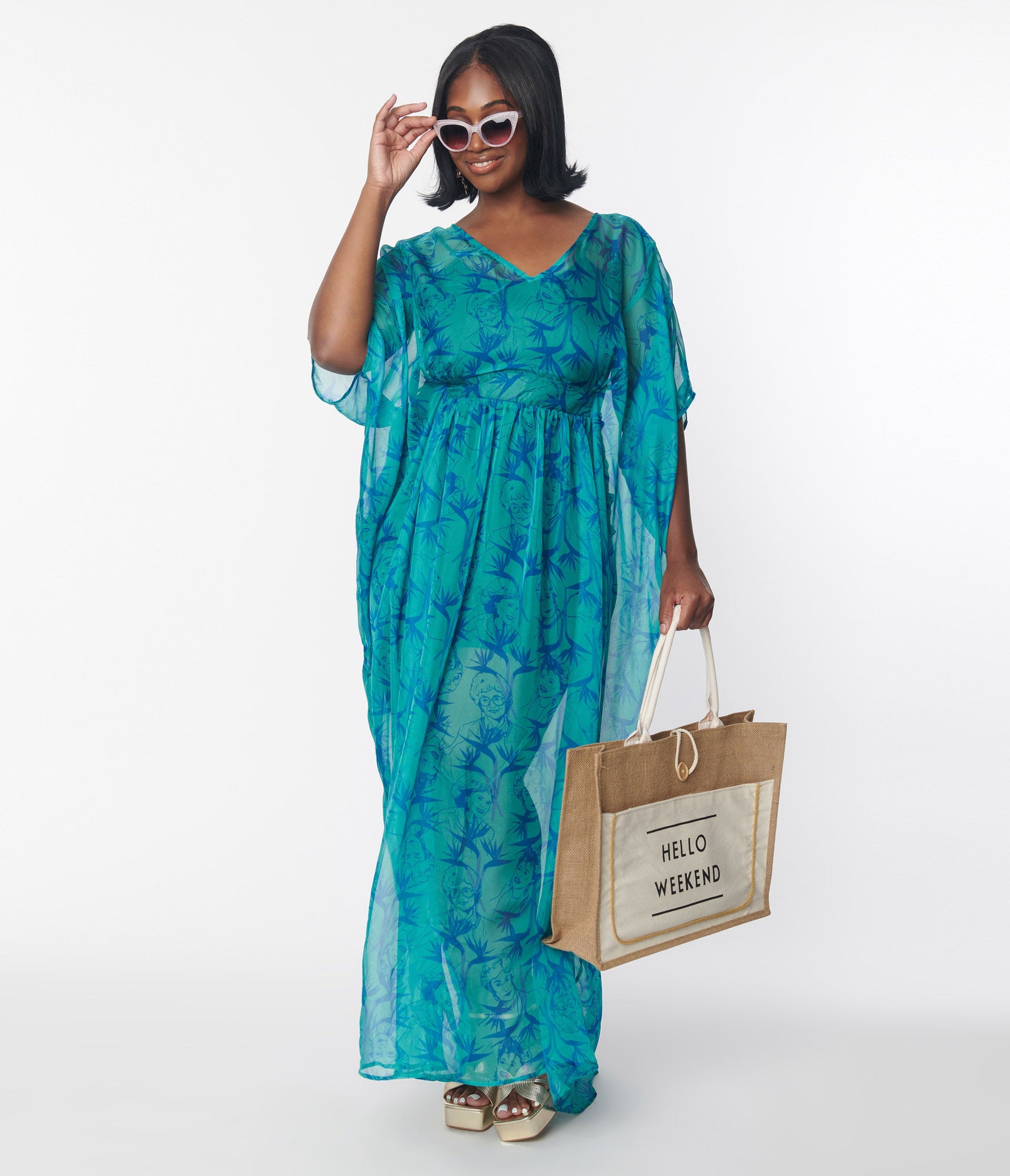 The Golden Girls x Unique Vintage Plus Size Teal & Pink All Over Print  Swing Dress