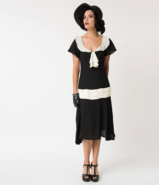 Unique Vintage 1920s Black & Cream Wilshire Flapper Day Dress