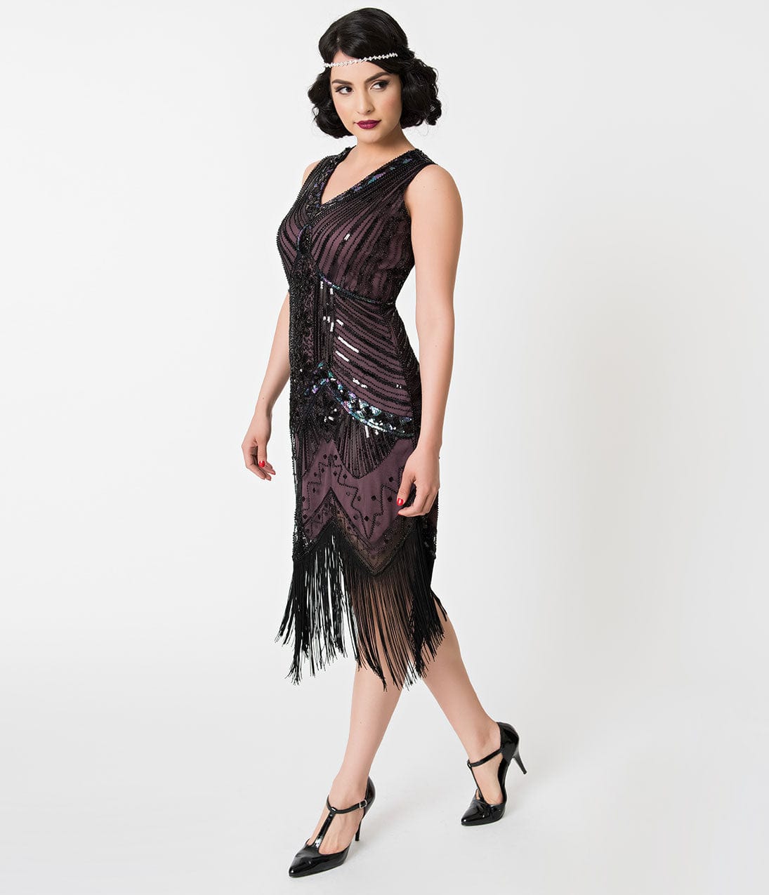 Unique Vintage 1920s Deco Purple & Black Sequin Veronique Fringe Flapper  Dress